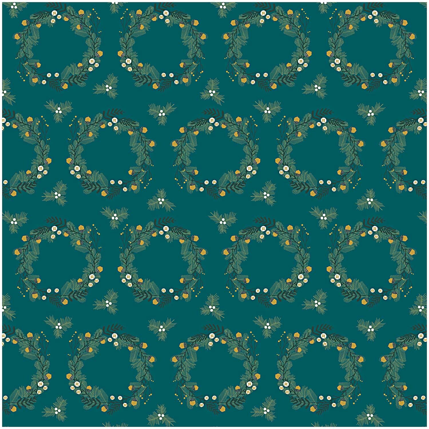 Stoff grün Kranz groß mit gold 140cm: Eleganter Stoff mit goldenen Kränzen auf grünem Hintergrund von Rico Design.