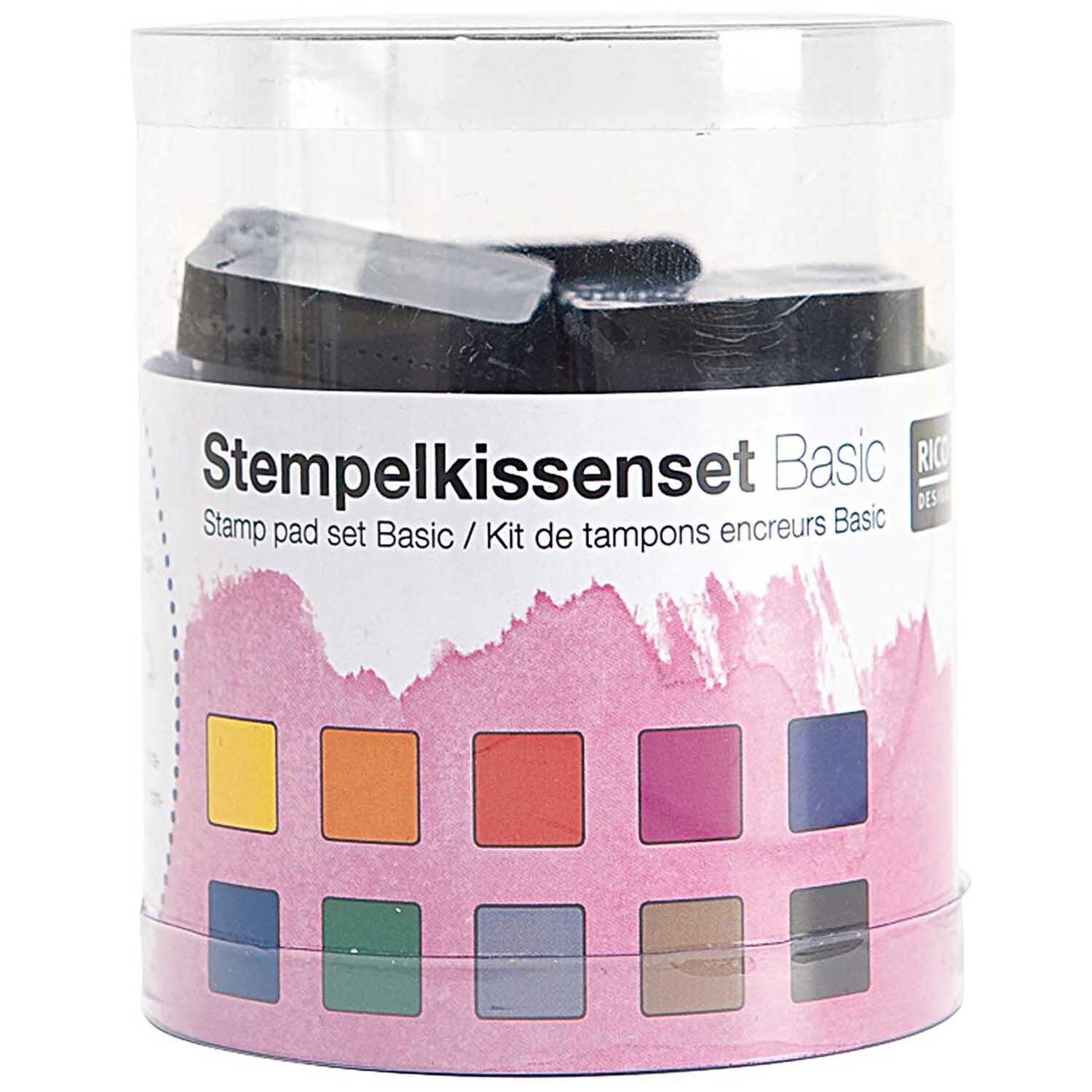 Stempelkissenset Regenbogen 10 Stück von Rico Design in transparenter Verpackung mit bunten Farben.