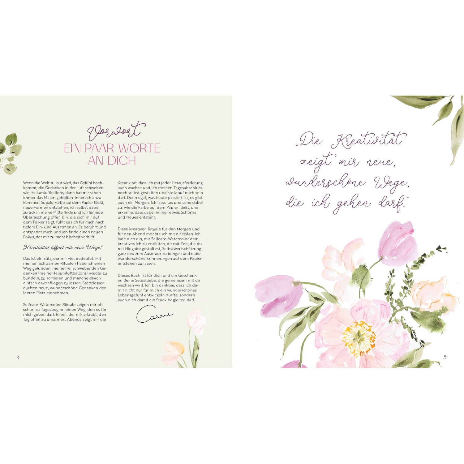 Selfcare Watercolor – Kreative Momente für mich: Zarte Blumenillustrationen mit inspirierendem Zitat auf hellem Hintergrund.