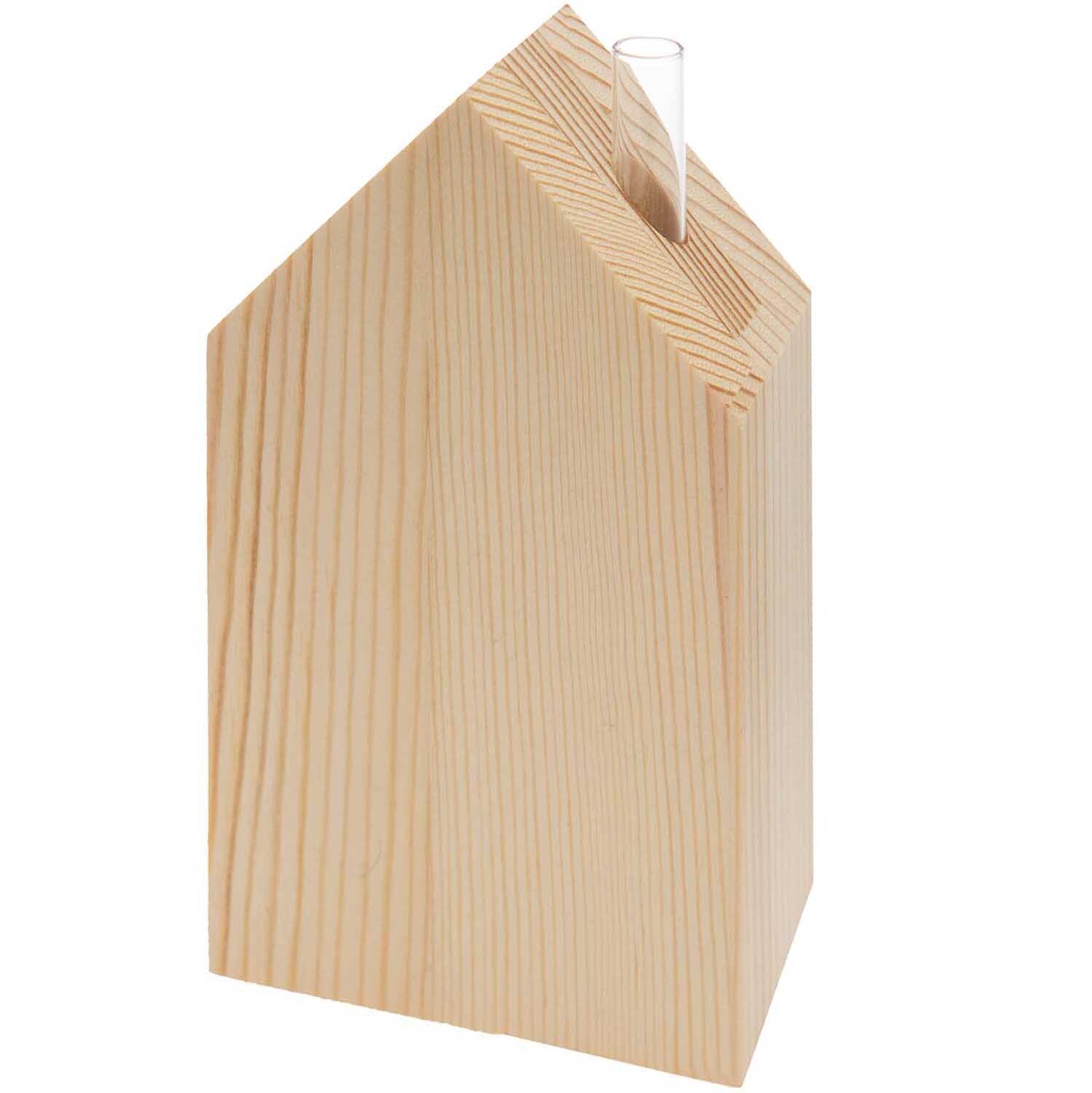 Holz-Haus mit kleiner Glasvase 9x15x5cm von Rico Design. Naturholz mit klarer Glasvase, minimalistisch und dekorativ.