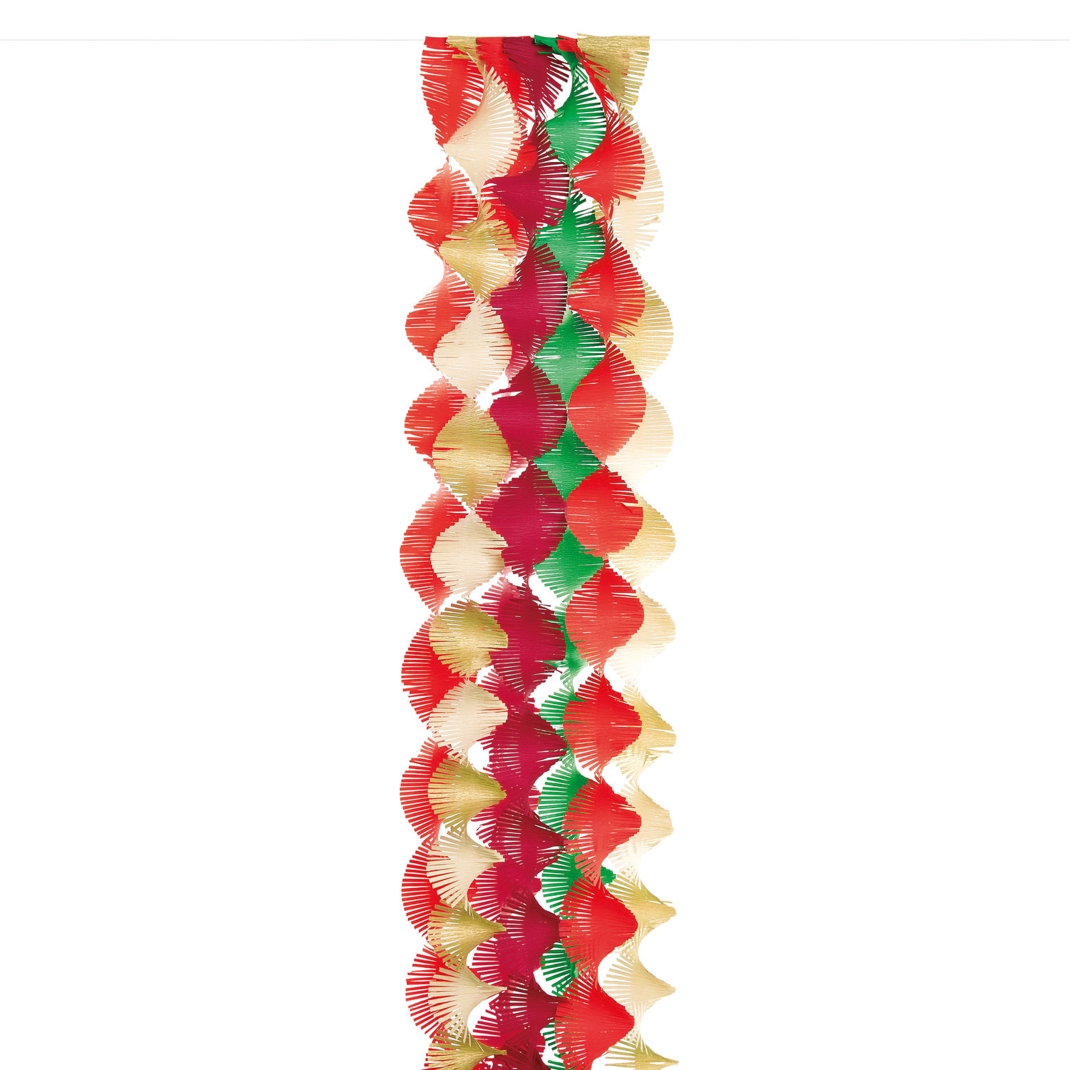 Krepp-Girlande von Rico Design in Rot, Grün und Gold, 17,5cm x 3m, 7 Stück, dekorativ gefaltet.