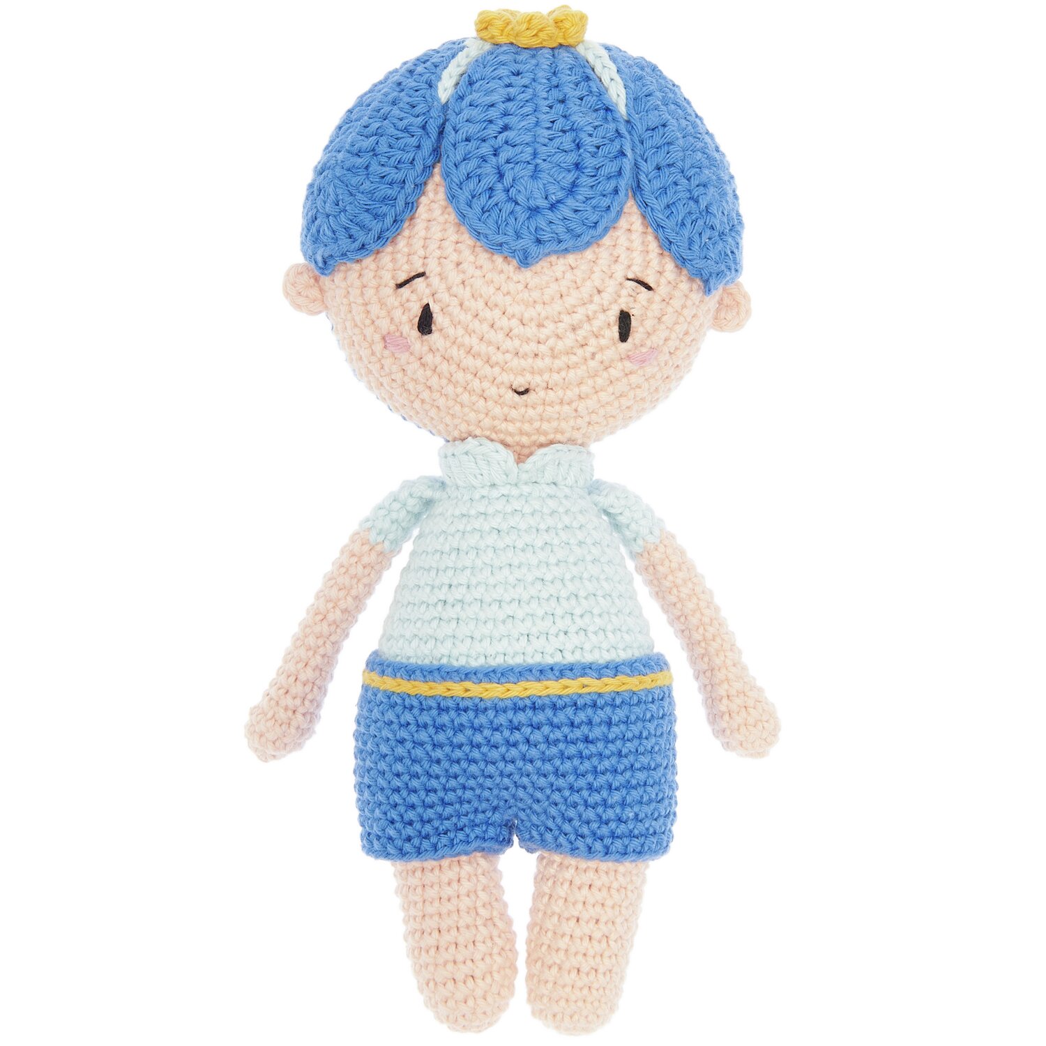 Creative Ricorumi dk: Gehäkelte Puppe mit blauen Haaren und Shorts, hellblauem Shirt, von Rico Design.