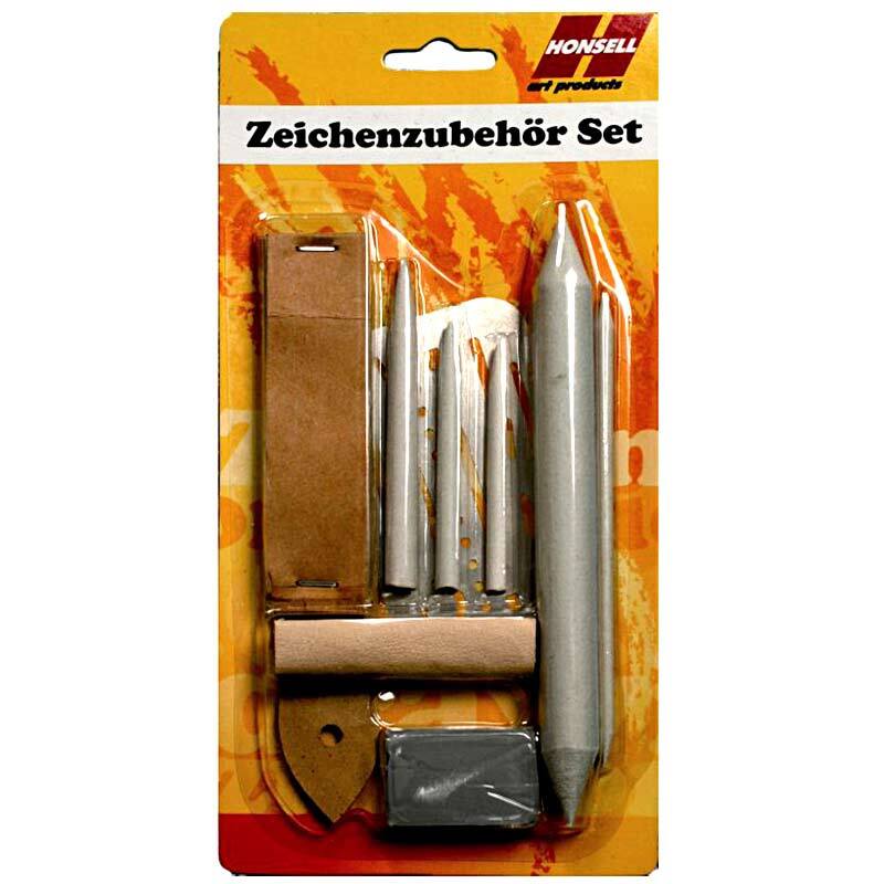 Zeichenzubehör Set, 7-teilig, bestehend aus verschiedenen Zeichenwerkzeugen auf gelbem Hintergrund.