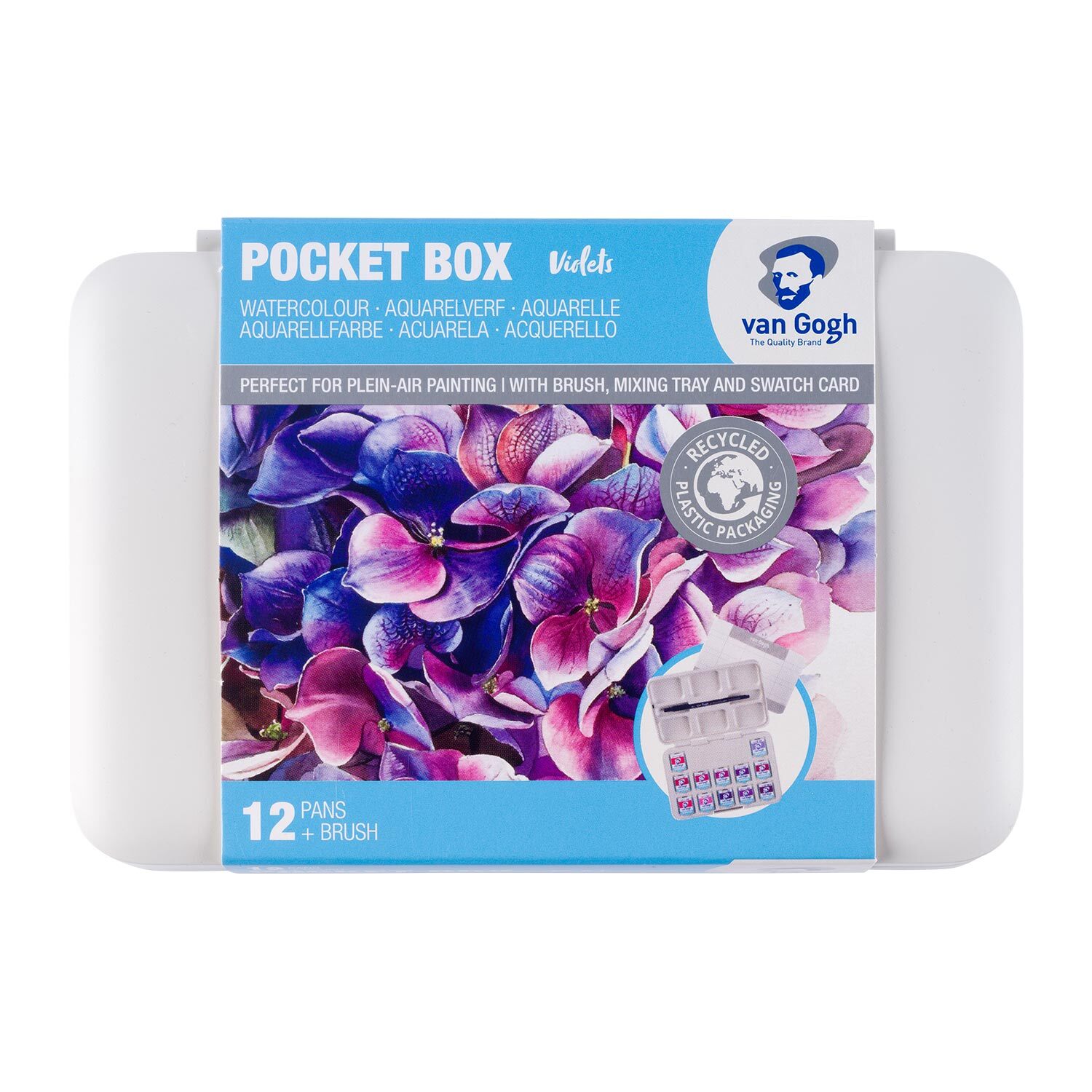 Aquarell Set Rosa-Violett 12 Näpfchen zeigt eine kompakte Box mit lebendigen Blumenmotiven. Ideal für unterwegs.