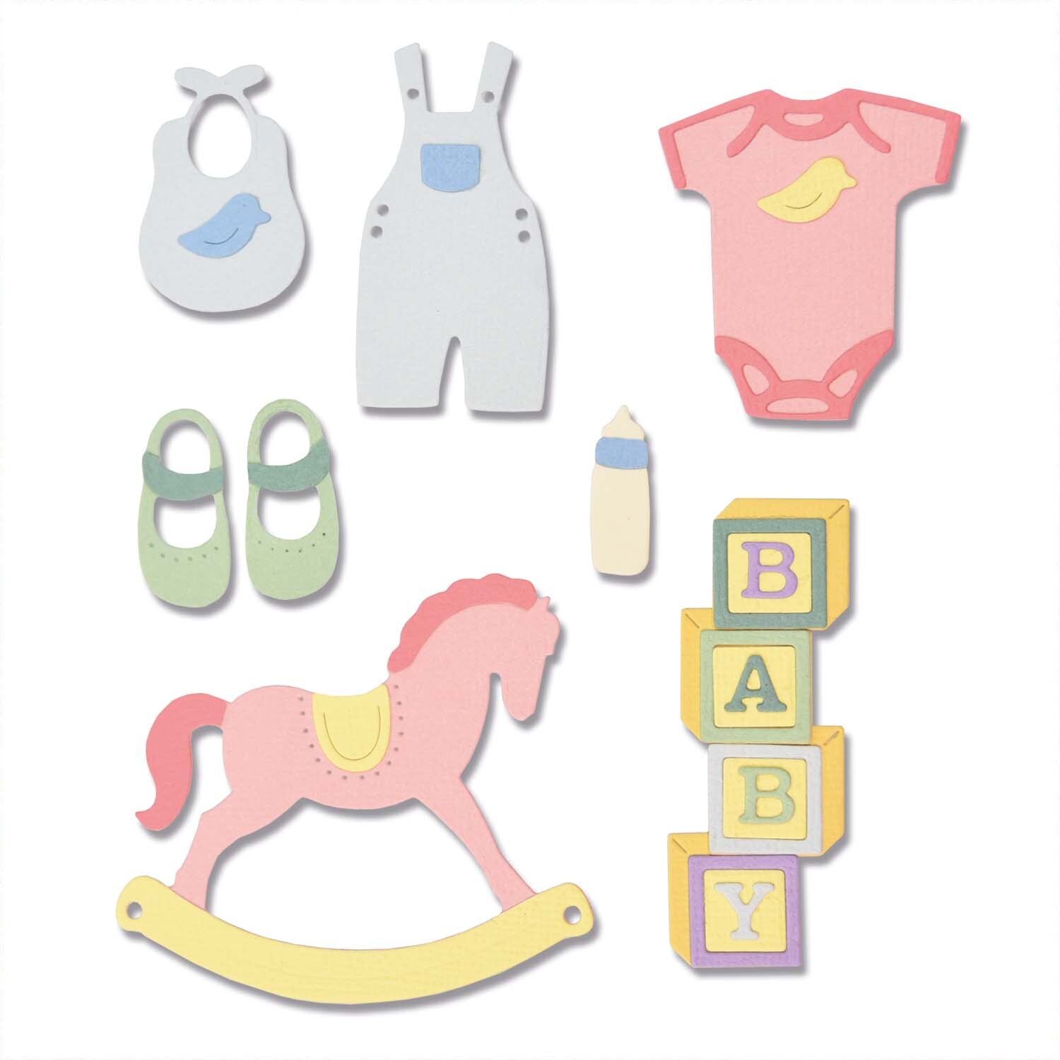 Thinlits Die Set New Baby #2 zeigt bunte Babyspielzeuge und Kleidung von Sizzix, ideal für kreative Bastelprojekte.