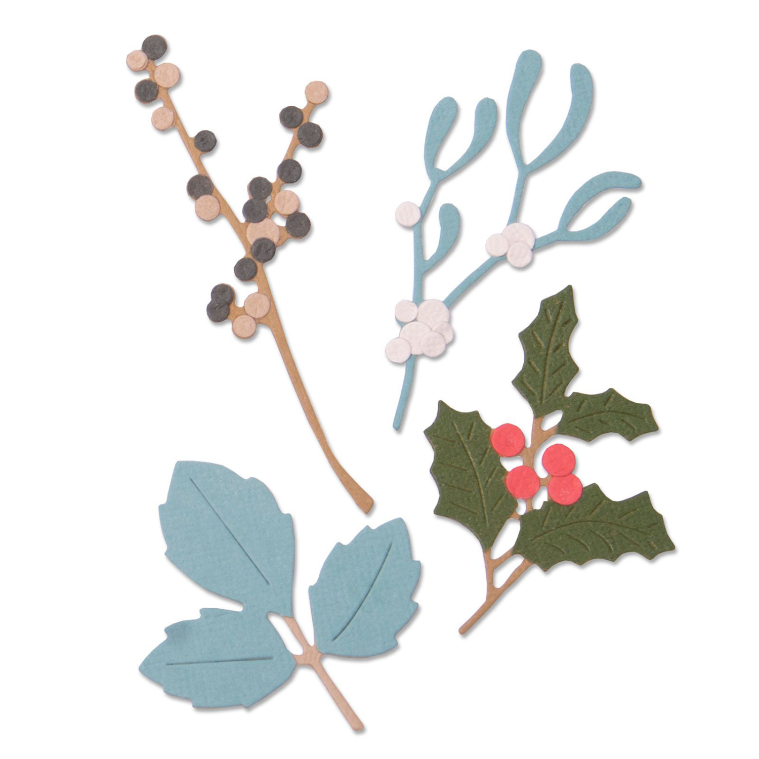 Sizzix Thinlits Die 5PK Winter Leaves von Sophie Guilar zeigt filigrane Stanzformen in Blau, Grün und Braun. Perfekt für kreative Bastelprojekte mit winterlichem Flair.