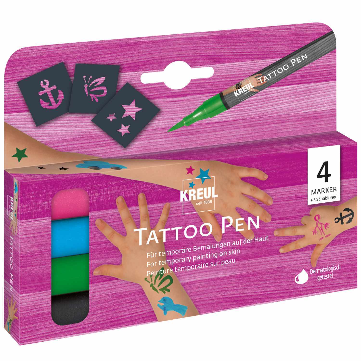 Tattoo Pen 4er-Set Anker, Sterne und Schmetterling: Bunte Stifte von KREUL für temporäre Hautbemalungen, ideal für kreative Designs.