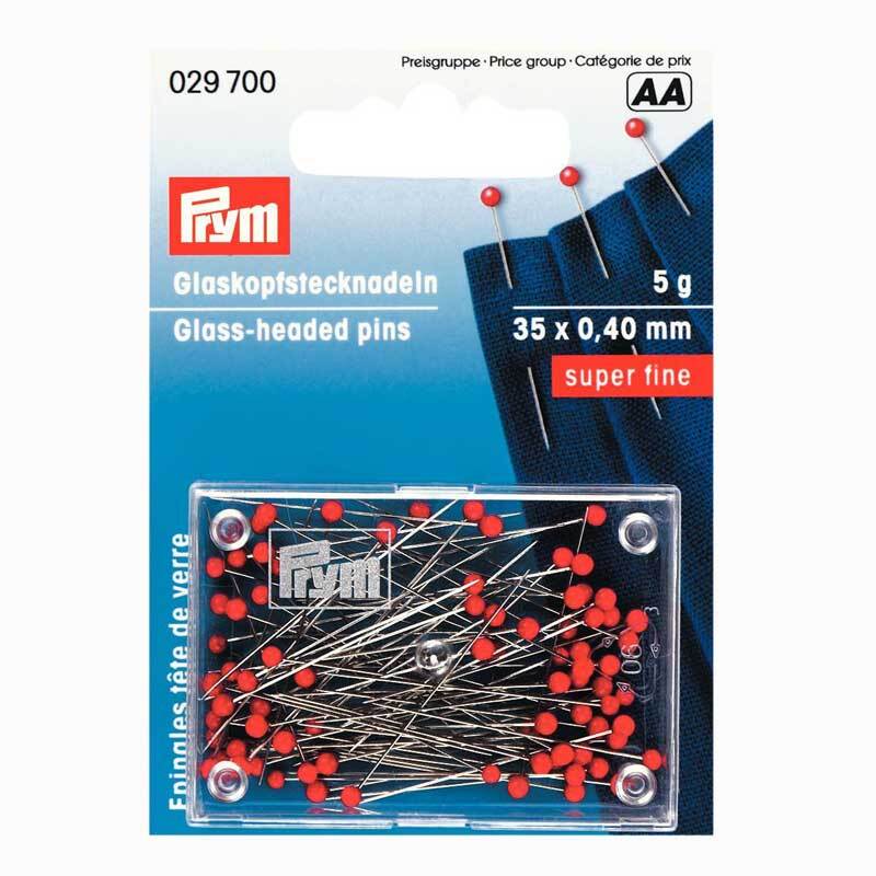 Stecknadeln fein mit Glaskopf rot 35mm 5g von Prym, präsentiert in einer transparenten Box.