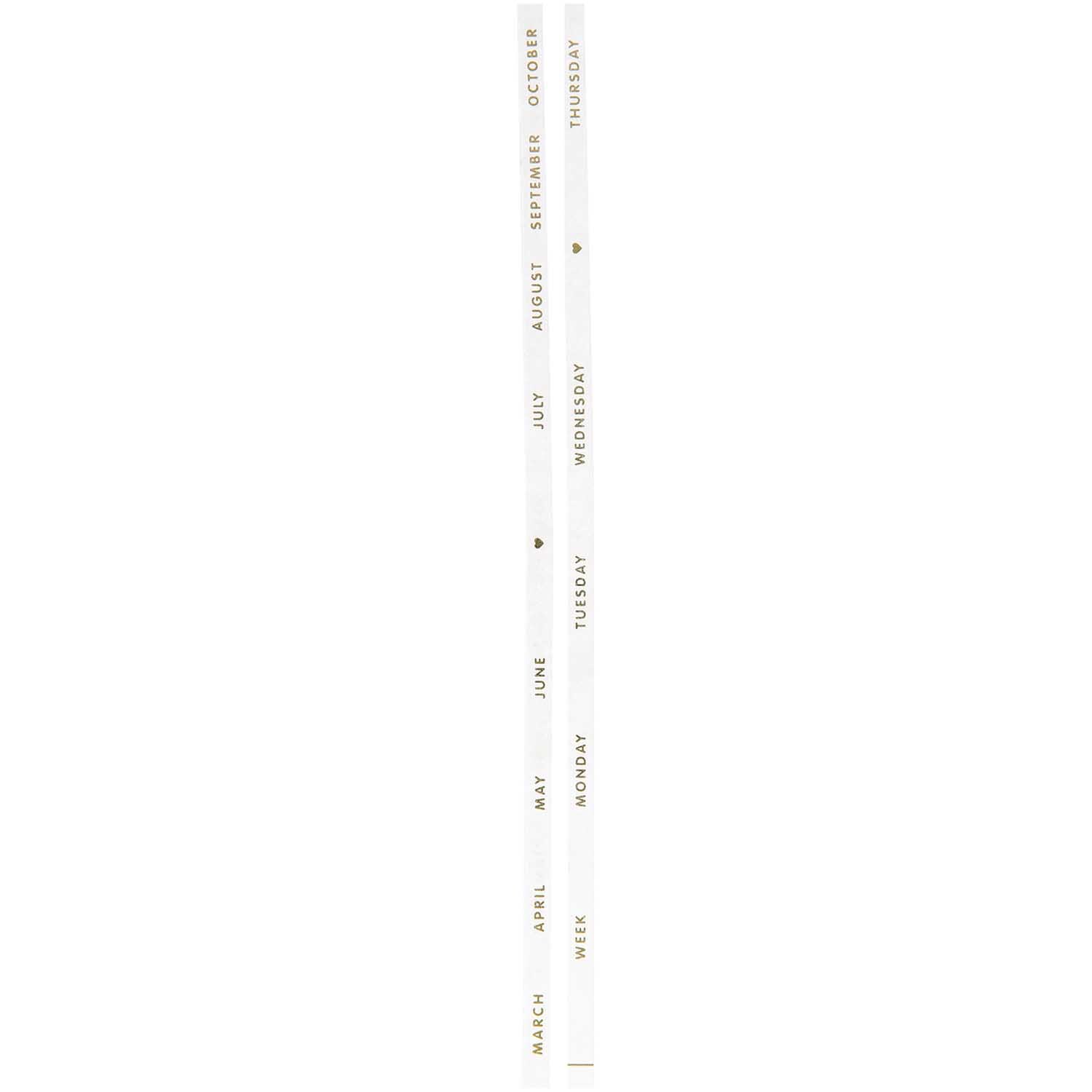 Paper Poetry Tapes Monate & Wochentage, 5mm breit, 10m lang, 2 Stück. Weißes Design mit Monats- und Wochentagsaufdruck. Ideal für kreative Projekte.