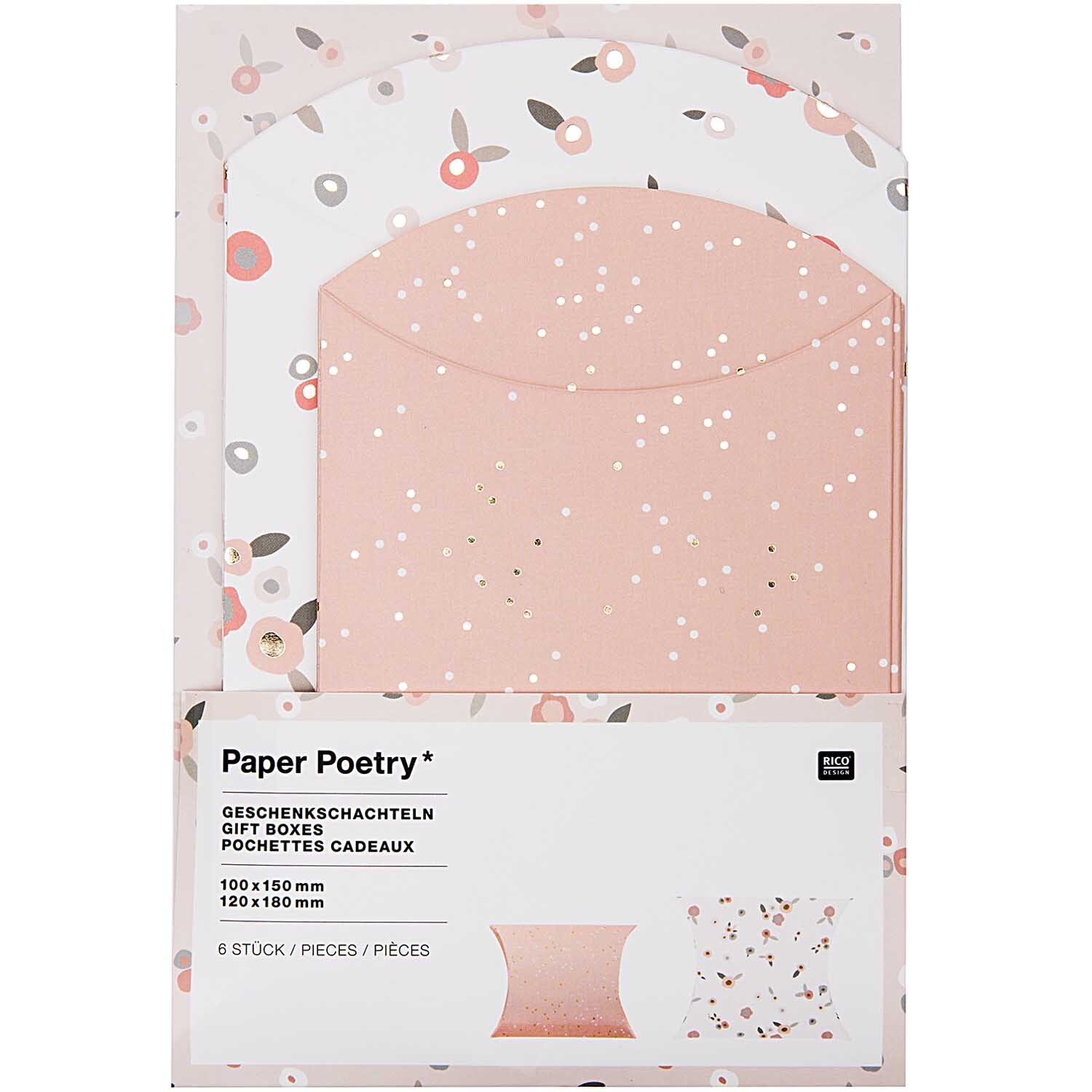 Paper Poetry Geschenkschachteln mit Blumenmuster in Puder-Gold von Rico Design, 6 Stück, dekorativ verpackt.