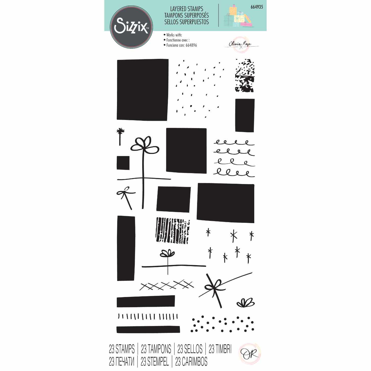 Layered Clear Stamps Giftwrap zeigt eine Sammlung von klaren Stempeln mit Geschenkverpackungsmotiven von Sizzix.