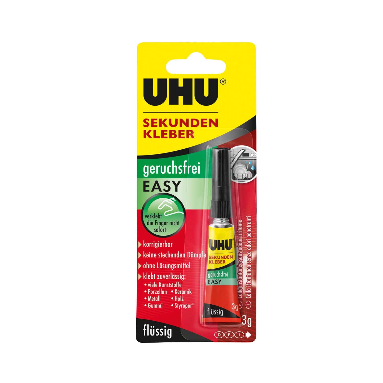 Sekunden Alleskleber 3g von UHU in gelber Verpackung mit rotem und schwarzem Design, geruchsfrei.