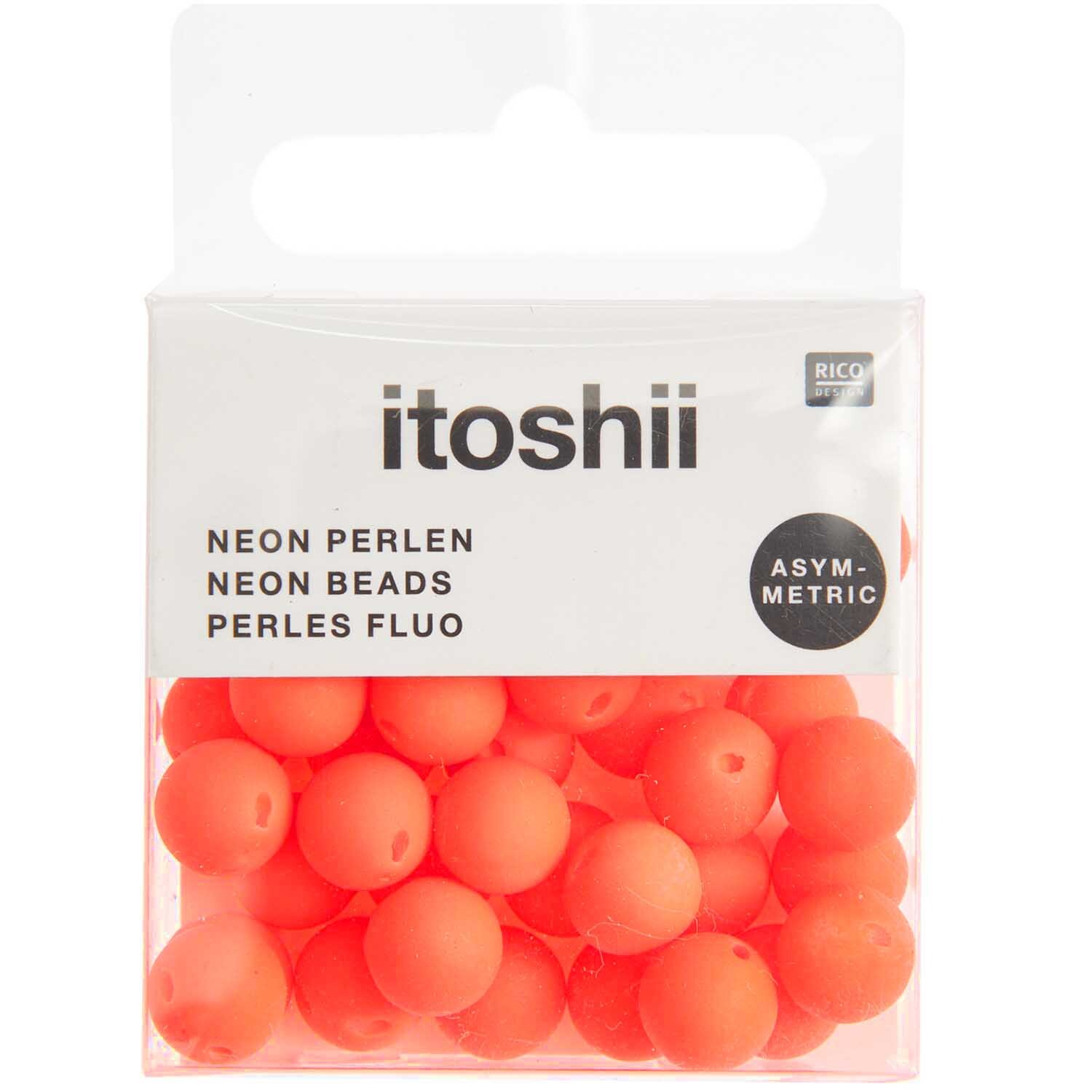 Itoshii Kunststoffperlen, asymmetrisch mit Lochung, 8mm, 40 Stück. Leuchtend orange Perlen von Rico Design in einer transparenten Verpackung.