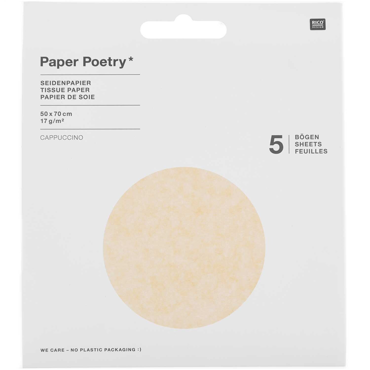 Paper Poetry Seidenpapier in Cappuccino, 50x70cm, 17g/m², 5 Bogen, von Rico Design, auf weißem Hintergrund.