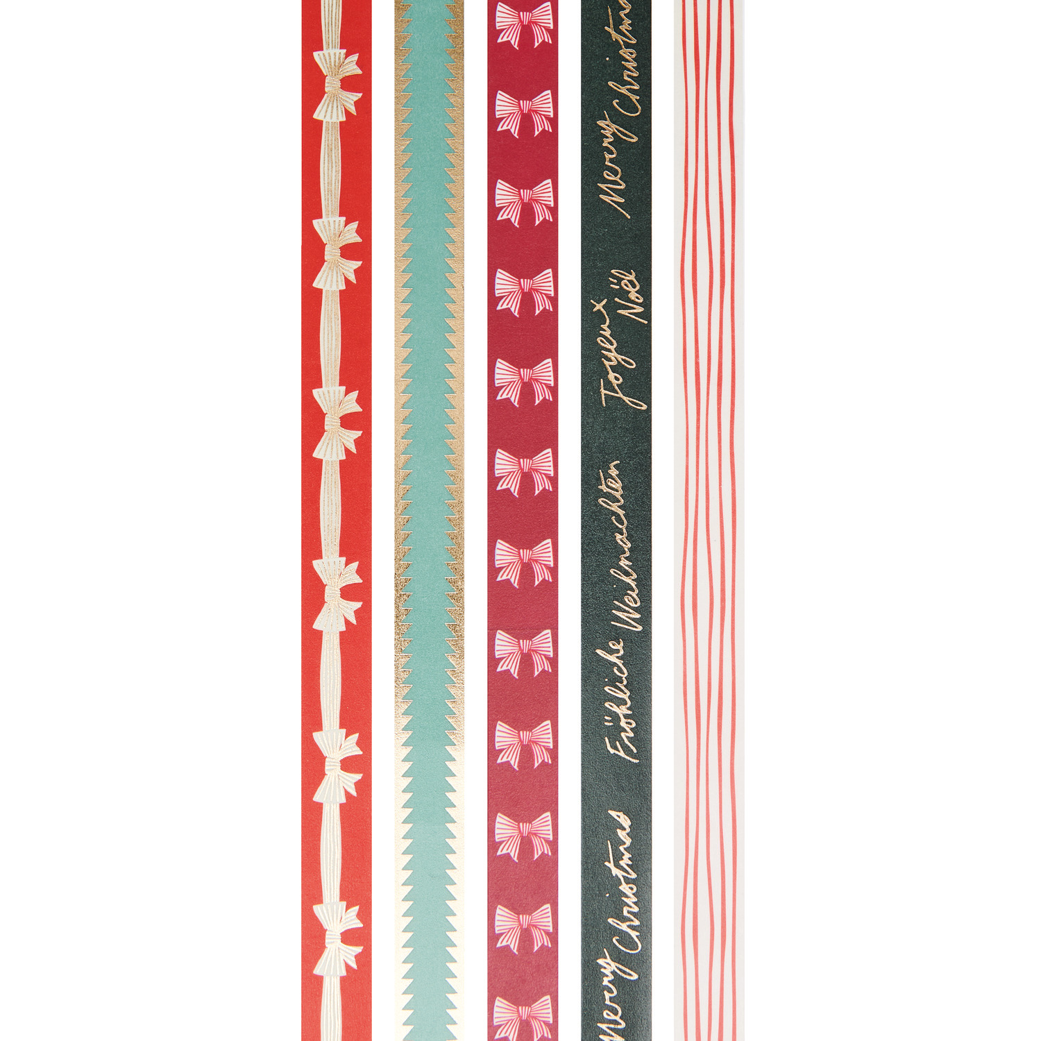 Paper Poetry Tape Set Schleifen Classic, 5 Stück, 1,5cmx10m, mit festlichen Mustern in Rot, Grün und Gold für kreative Weihnachtsdekorationen.