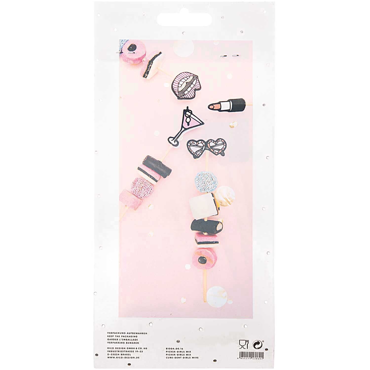 Picker Mix Girls 15cm 24 Stück von Rico Design mit bunten, dekorativen Stickern auf rosa Hintergrund.