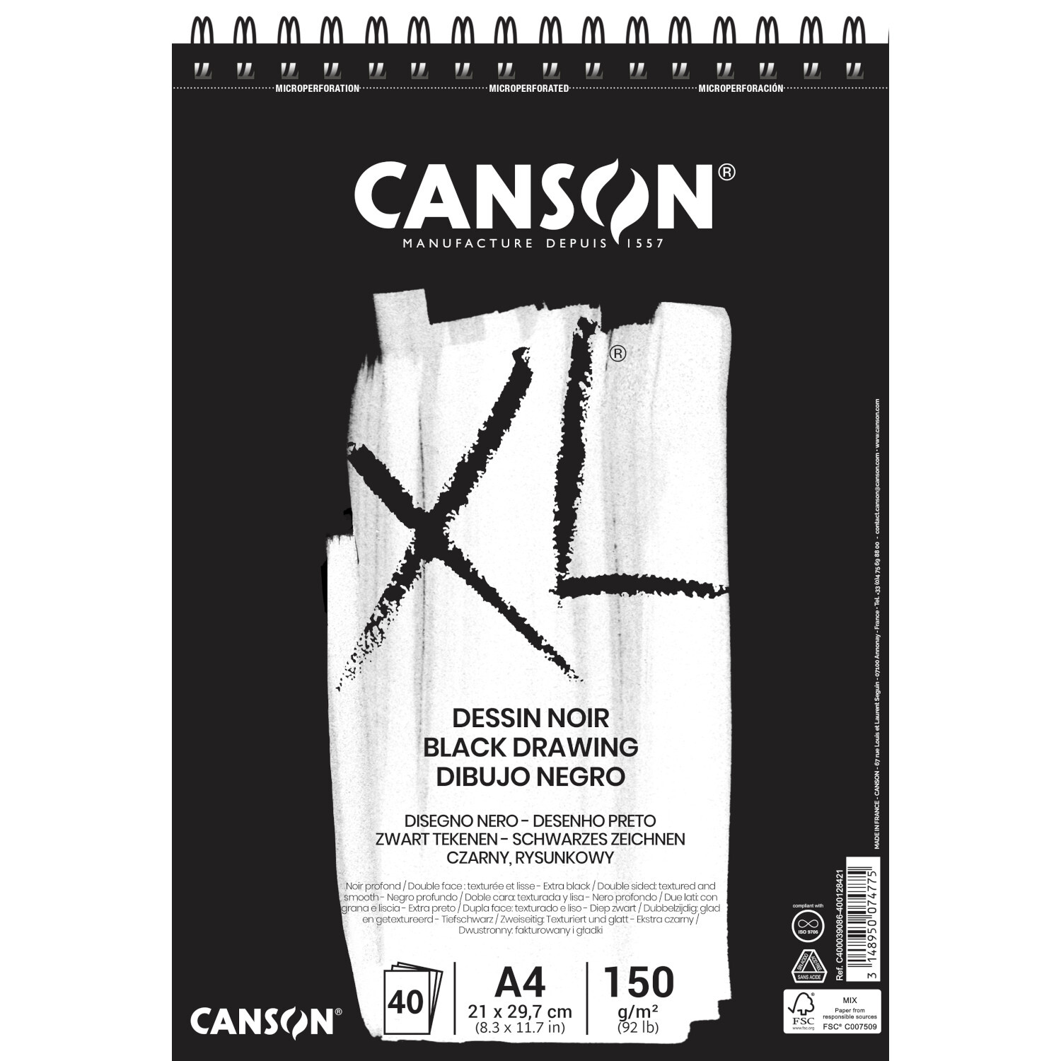 XL Dessin Noir Spiralblock mit 40 Blatt, DIN A4, 150g/m². Schwarzes Cover mit Canson-Logo. Ideal für Zeichnungen.