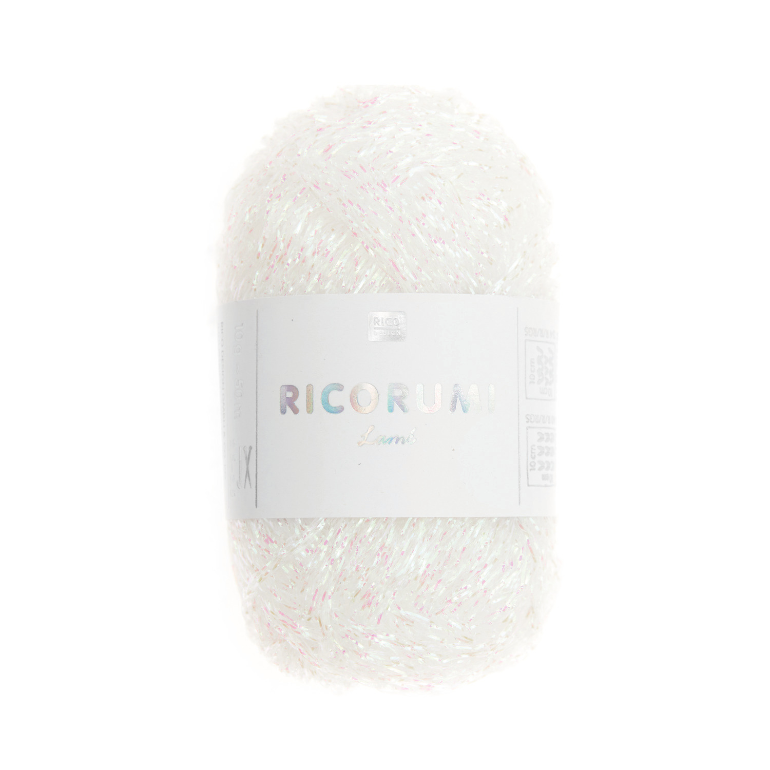 Creative Ricorumi Lamé dk, 10g, in irisierendem Weiß von Rico Design. Ideal für kreative Strick- und Häkelprojekte.