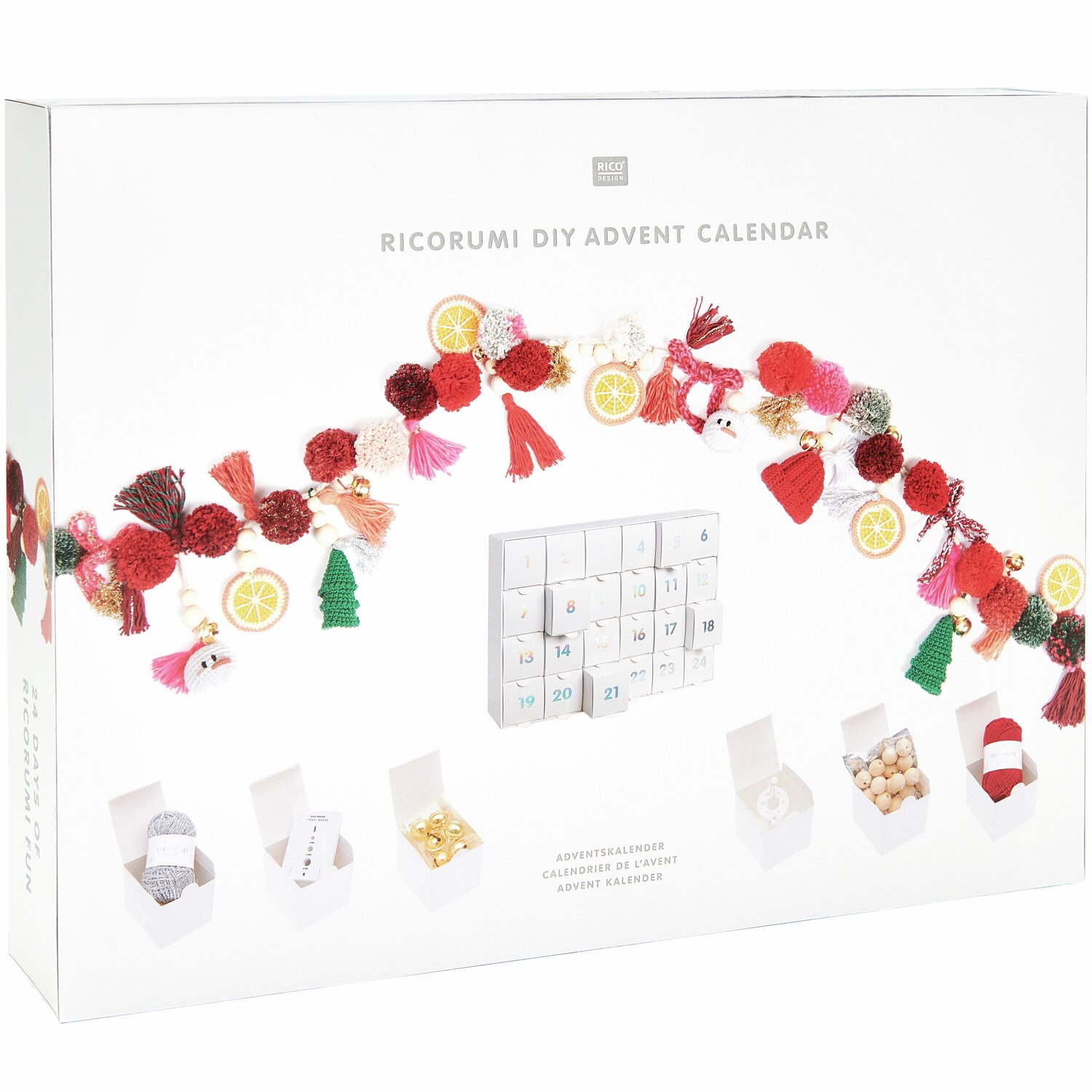 Ricorumi DIY Adventskalender von Rico Design mit bunten Pompons und kleinen Geschenkschachteln.