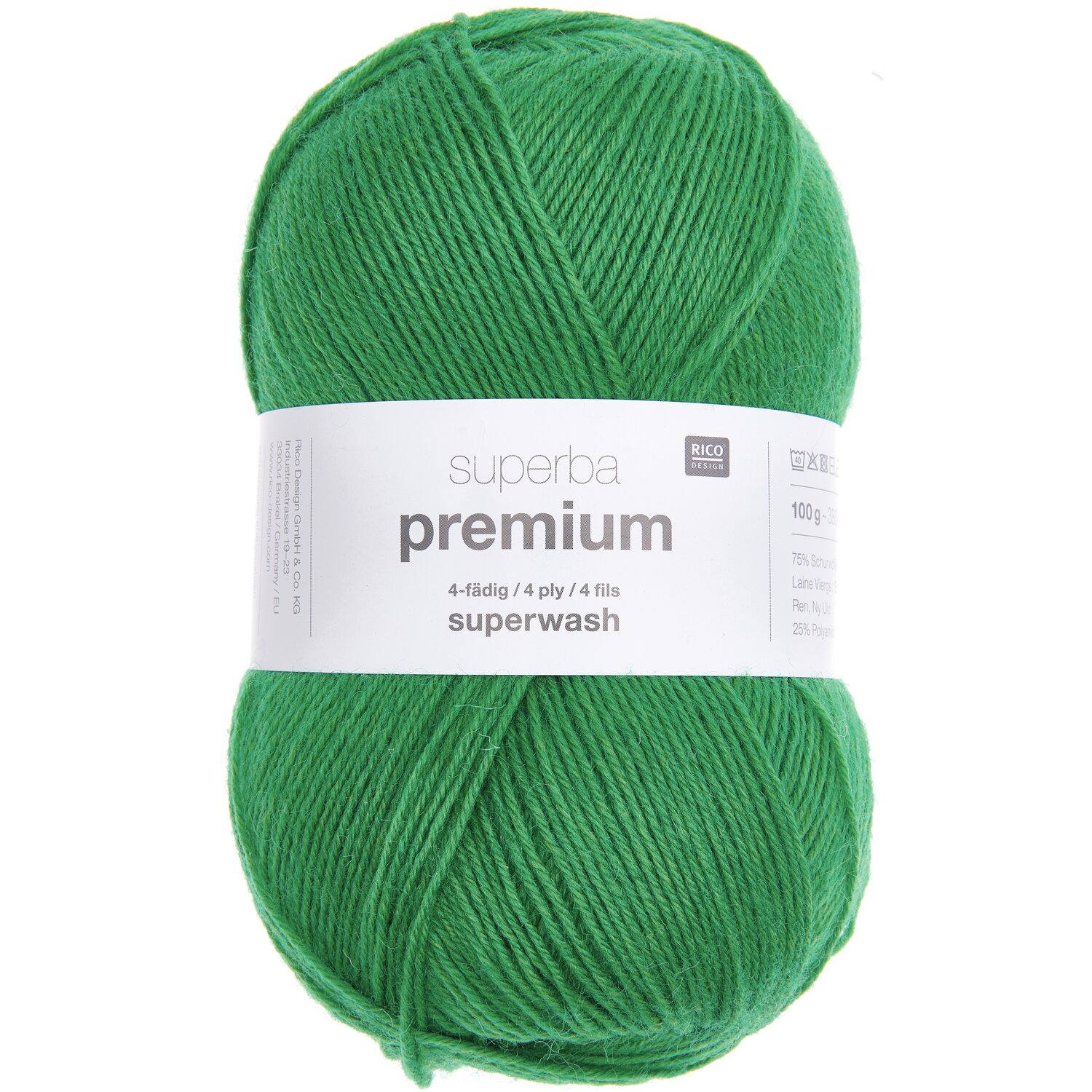 Superba Premium 4fädig Wolle in kräftigem Grün von Rico Design, 100g Knäuel mit 380m Länge.