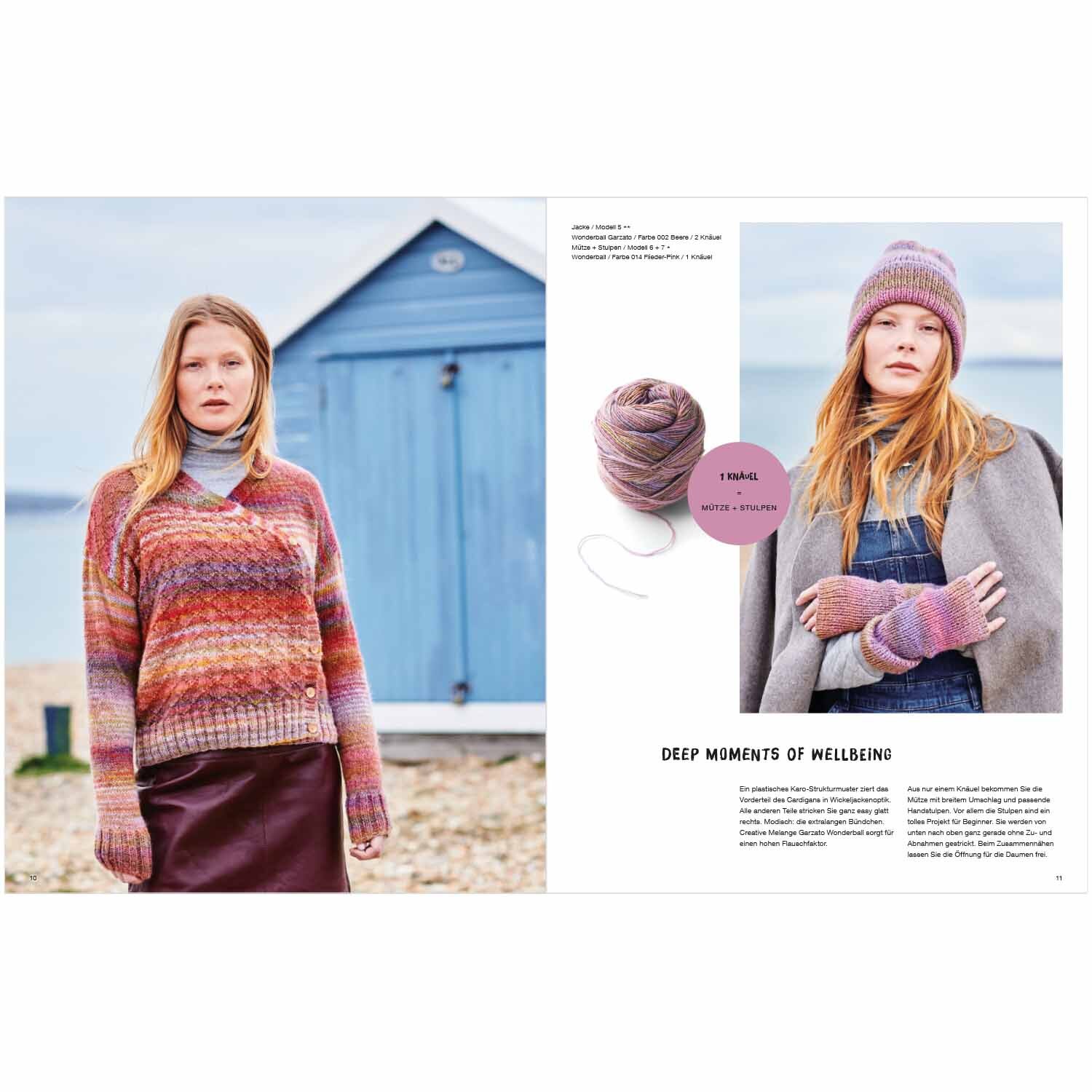 Wonderball Special: Frau in gestricktem Pullover und Mütze vor Strandhütte, Rico Design Garn.