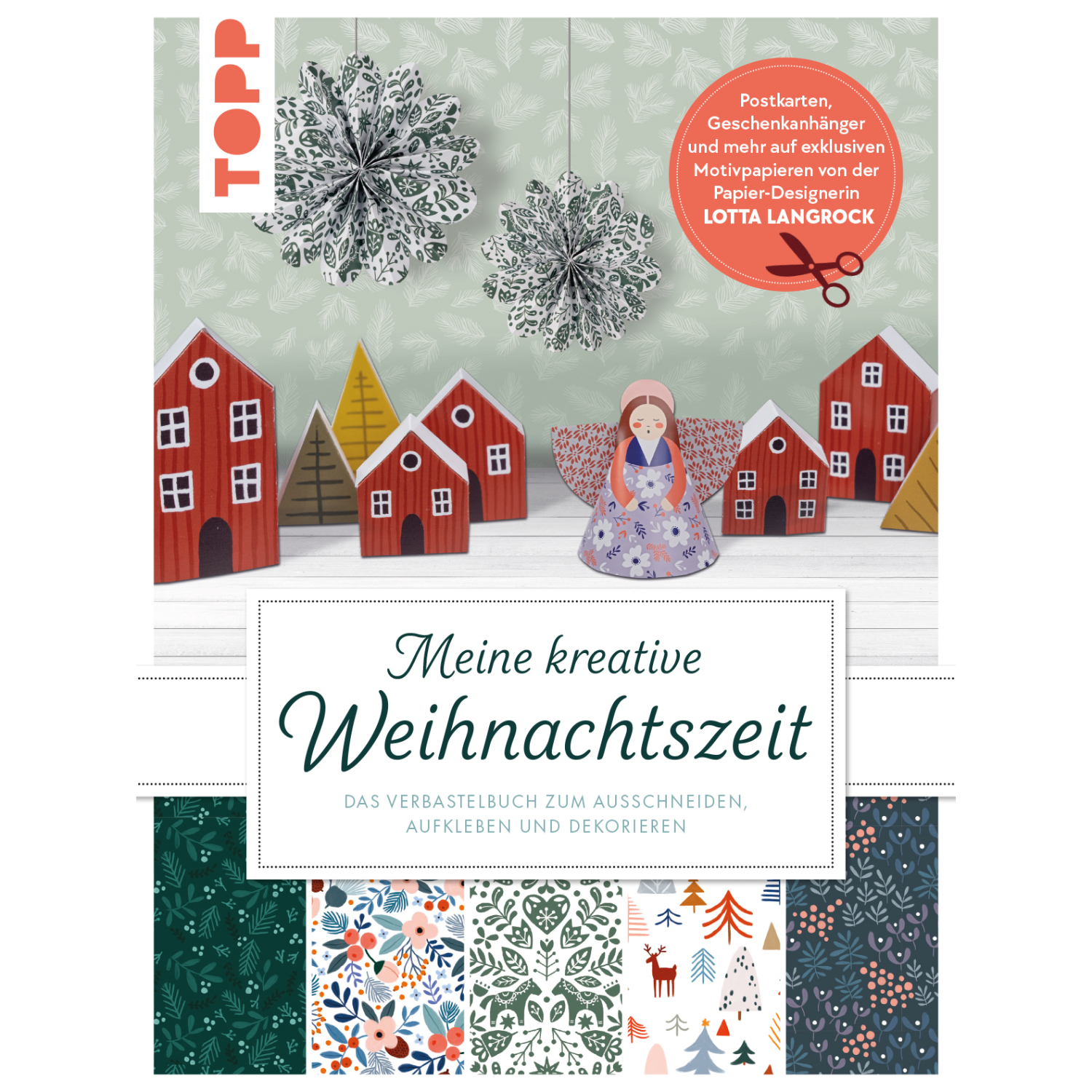 Verbastelbuch - Meine kreative Weihnachtszeit: Kreatives Buch mit weihnachtlichen Bastelideen, illustriert mit roten Häusern und einer Figur.