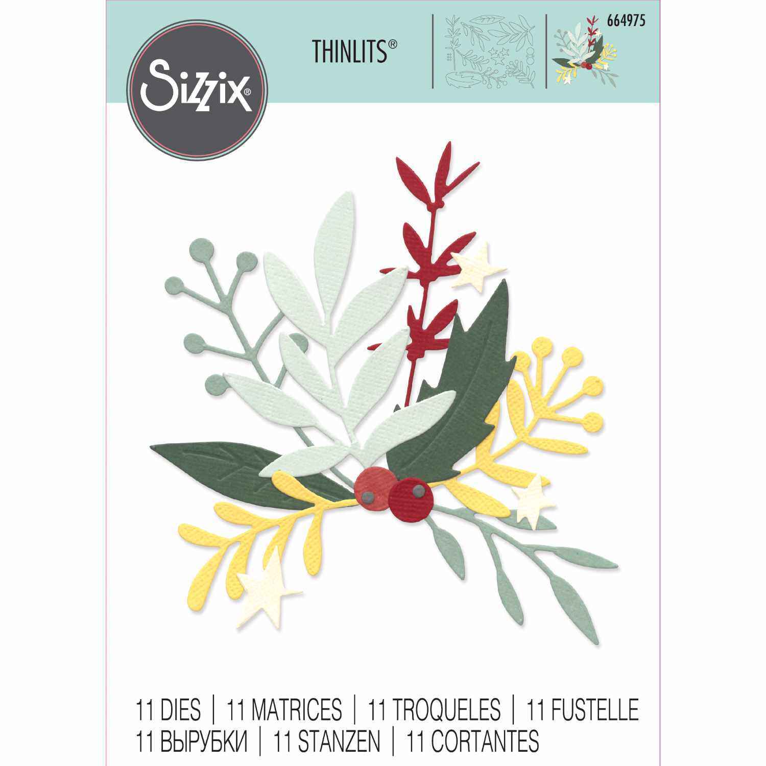 Thinlits Die Set Buds & Branches zeigt filigrane Zweige und Knospen in verschiedenen Farben. Marke: Sizzix. Ideal für kreative Bastelprojekte.