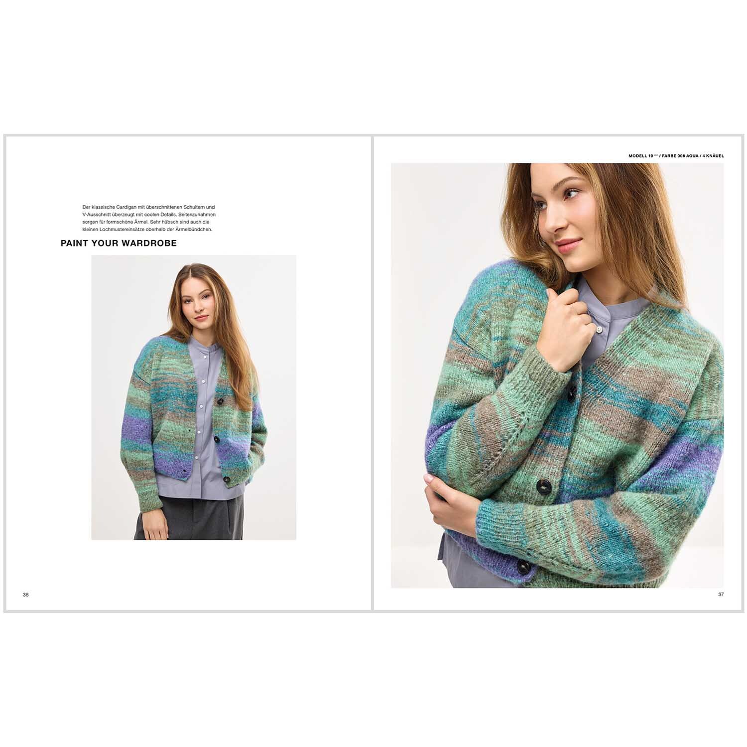 Creative Painted Power Special: Frau trägt gestrickte, bunte Strickjacke von Rico Design in Blau- und Grüntönen.