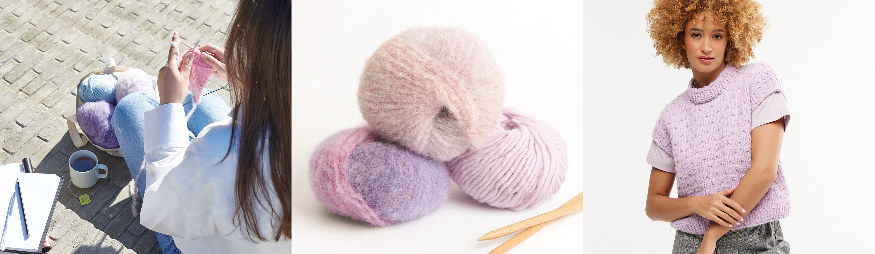 Drei Bilder nebeneinander. Eine sitzende Frau mit Wollknäuel am Stricken, drei lila farbige Wollknäuel mit Holzstricknadeln und eine Frau mit einem flieder farbigen gestrickten Pullunder.