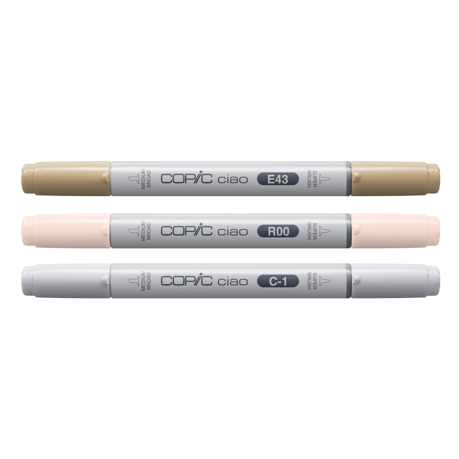 Marker Set Ciao Layer & Mix Mellow Palette 3 Stück zeigt drei Copic-Stifte in Beige, Rosa und Grau.