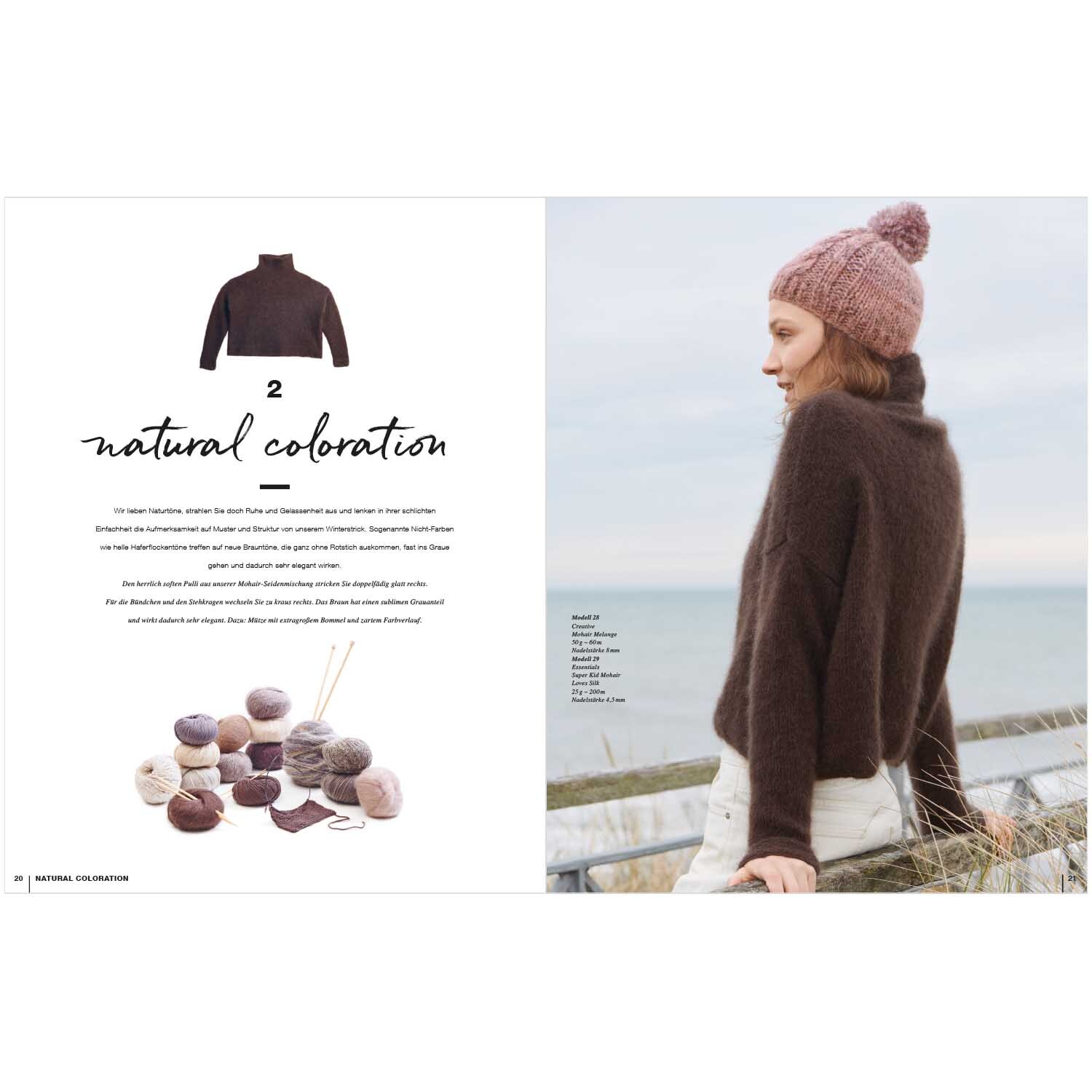 Lovewool Nr.13 Handstrickmagazin Herbst-Winter zeigt eine Frau in braunem Pullover und rosa Mütze am Meer.