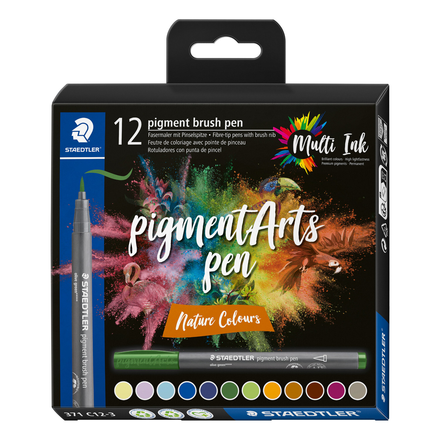 Pigment Brush Pen Nature Set, 12-teilig von Staedtler, zeigt bunte Stifte in einer schwarzen Verpackung mit lebendigen Naturfarben.
