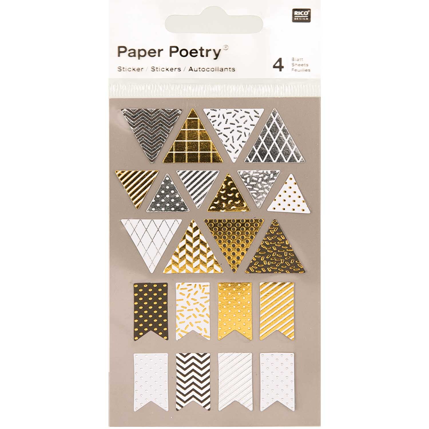 Paper Poetry Sticker Wimpel metallic 4 Bogen mit dreieckigen und rechteckigen Mustern in Gold, Silber und Weiß von Rico Design. Ideal für kreative Projekte.