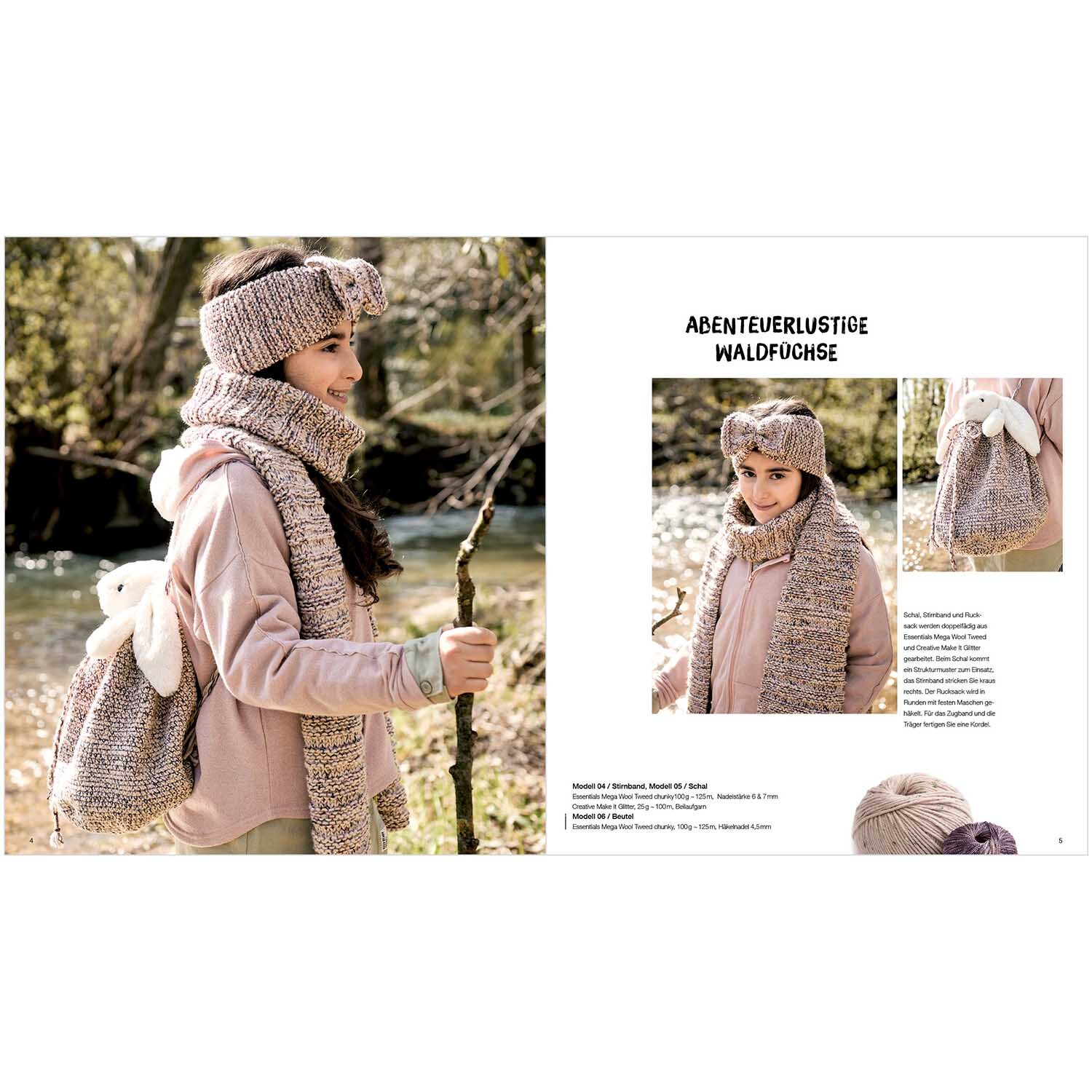 Kids Nr.11: Mädchen in gestricktem Set mit Schal, Mütze und Rucksack von Rico Design im Wald.