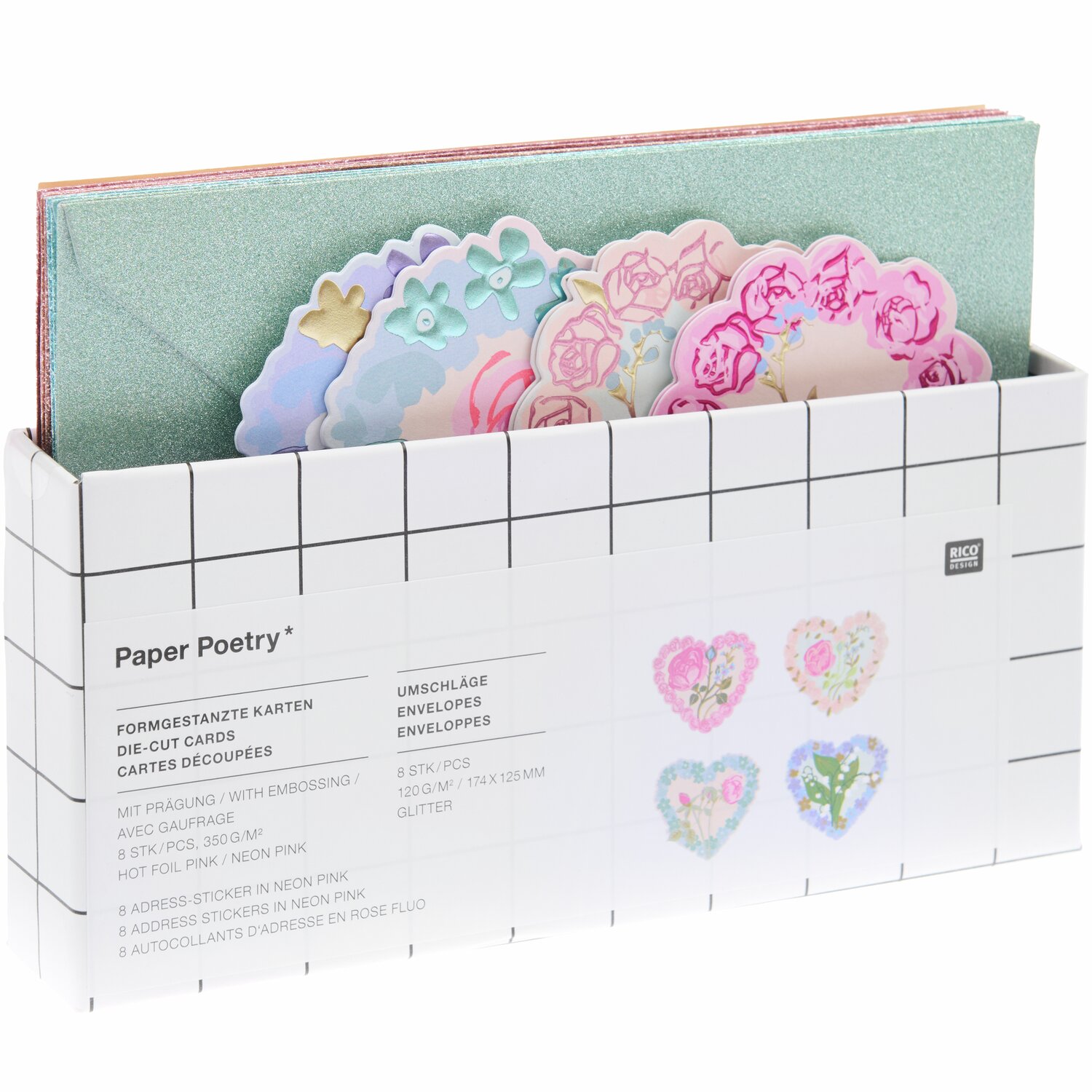 Paper Poetry Kartenset La Vie en Rose Herzen, 16-teilig, von Rico Design. Enthält bunte, herzförmige Karten in einer dekorativen Box.