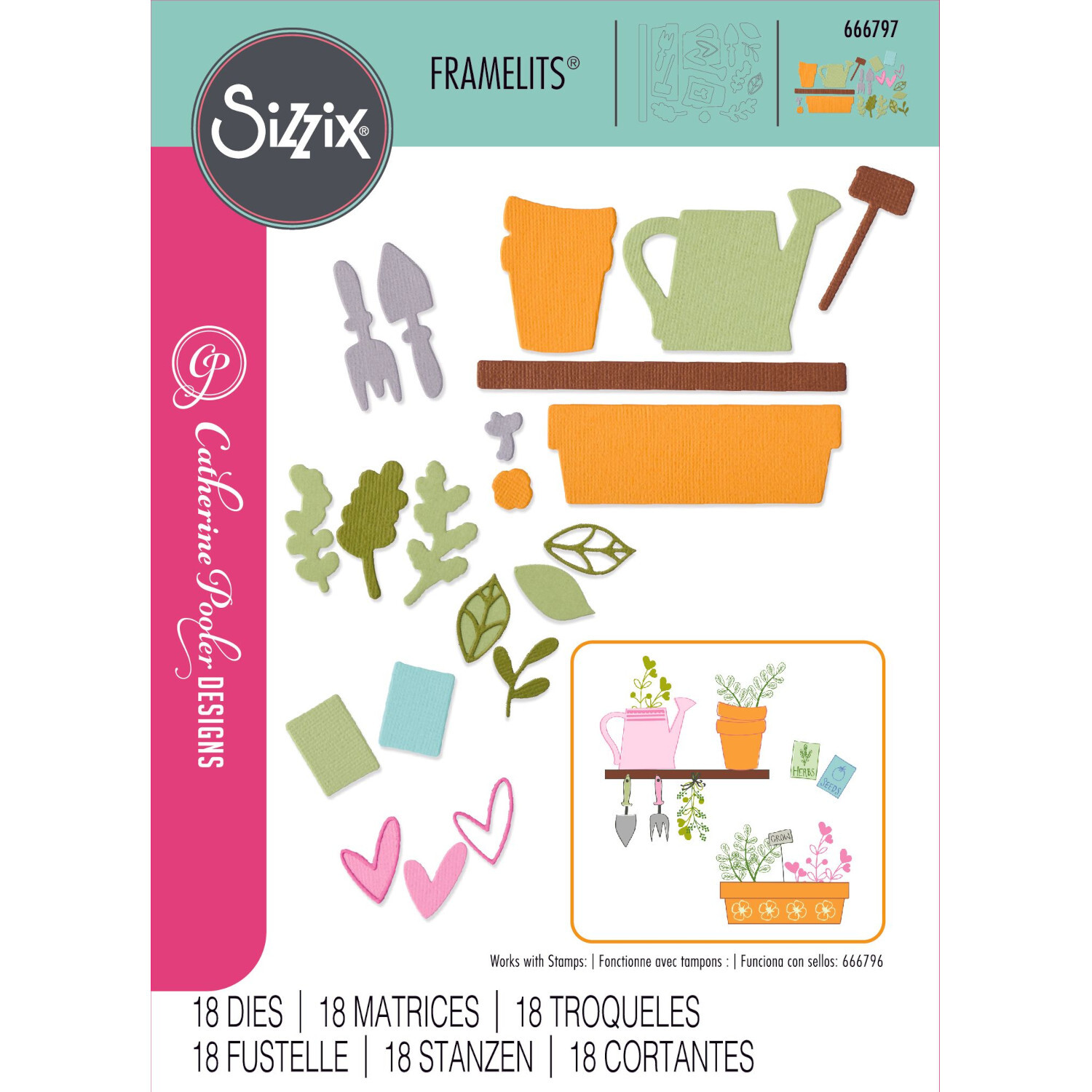 Thinlits Die Set Greenhouse Finds #2 18PK zeigt bunte Gartenwerkzeuge und Pflanzenformen von Sizzix auf weißem Hintergrund.