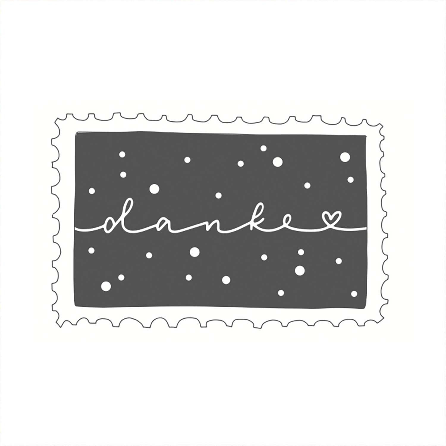 Stempel Briefmarke Danke 35x55mm mit handgeschriebenem "danke" und Herzmotiv auf schwarzem Hintergrund.