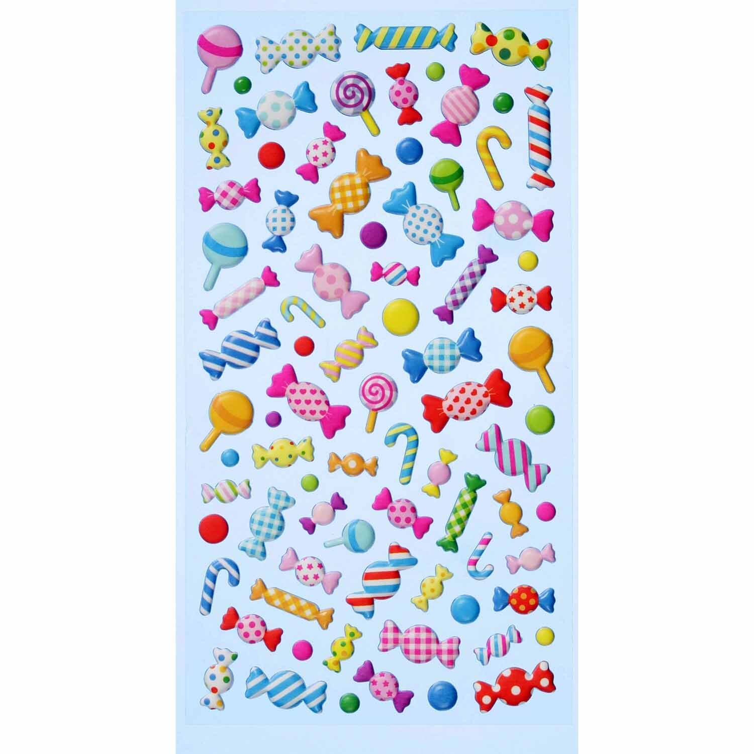 SoftySticker Bonbons mehrfarbig von HobbyFun: Verschiedene bunte Bonbon-Sticker auf hellem Hintergrund.