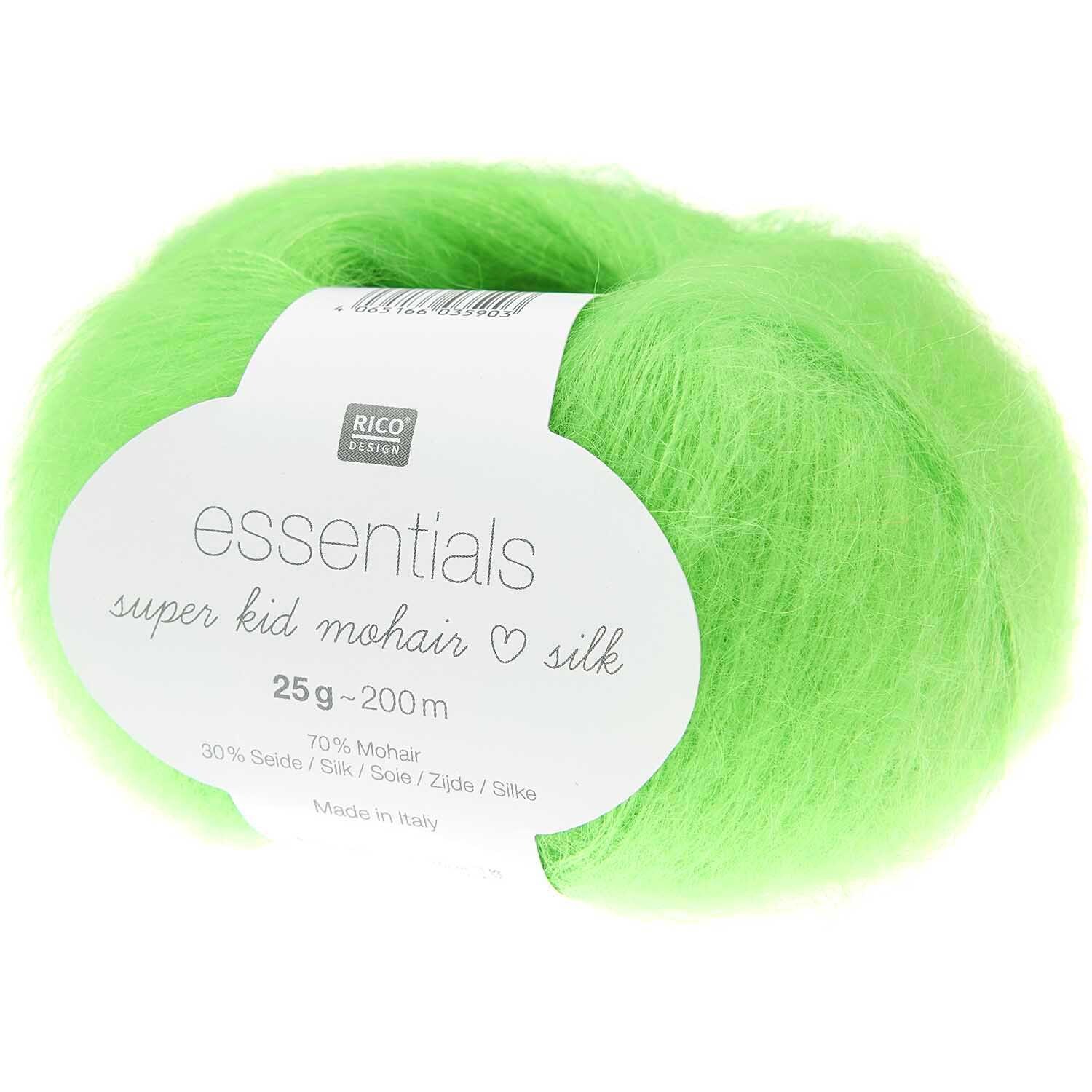 Essentials Super Kid Mohair Loves Silk: Neon-grünes Garn von Rico Design, ideal für Stricksets.