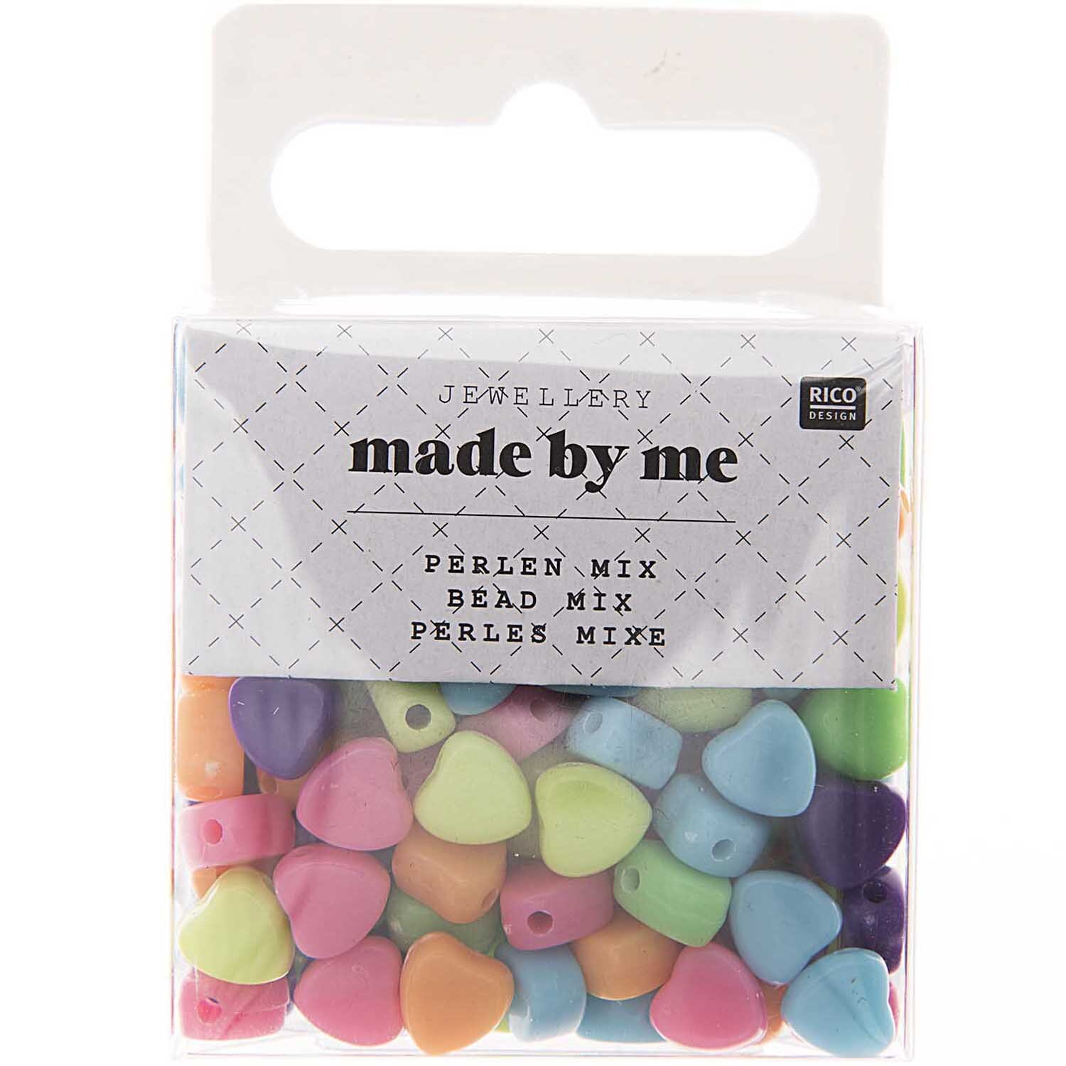 Perlen Herz-Mix ca. 165 Stück in einer transparenten Box. Bunte Herzperlen von Rico Design für Schmuckherstellung.