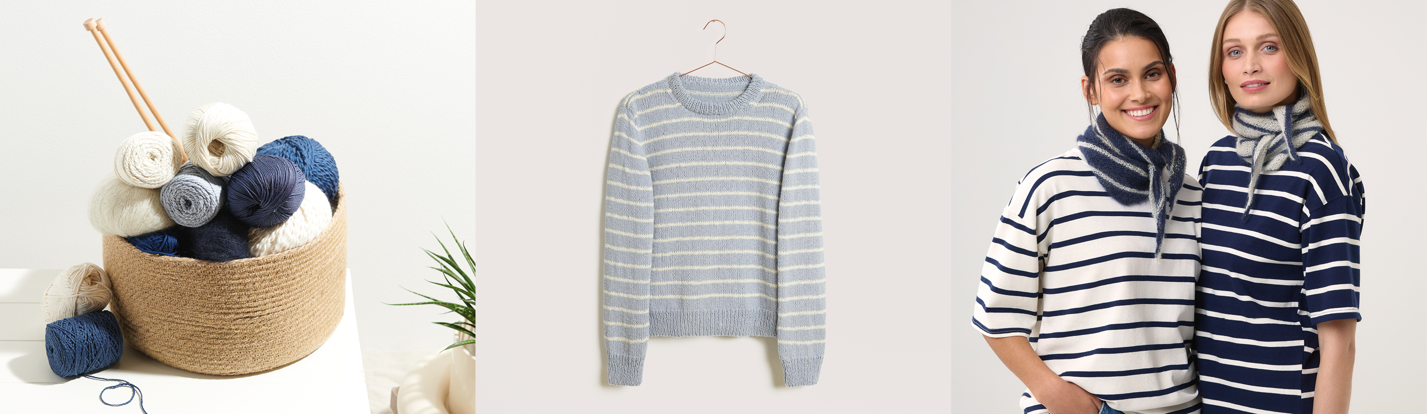 Drei Bilder nebeneinander. Ein Korb mit blauer und weißer Wolle und Stricknadeln, ein gestrickter Streifenpullover auf einem Kleiderbügel und zwei Frauen mit gestrickten Halstüchern.