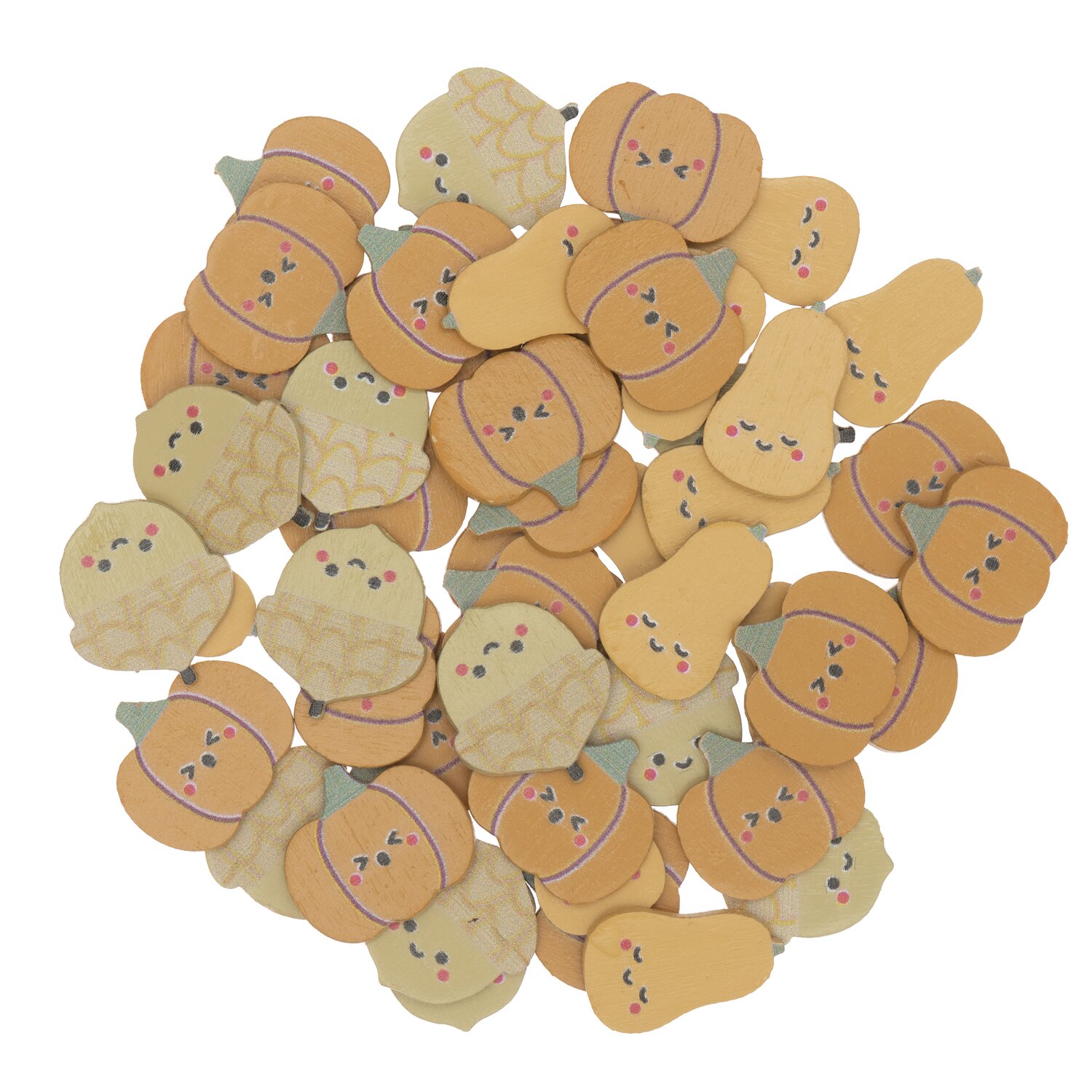 Holzstreu Kürbis Mix bunt 48 Stück zeigt fröhliche Kürbisformen in verschiedenen Gelbtönen. Ideal für herbstliche Dekorationen.