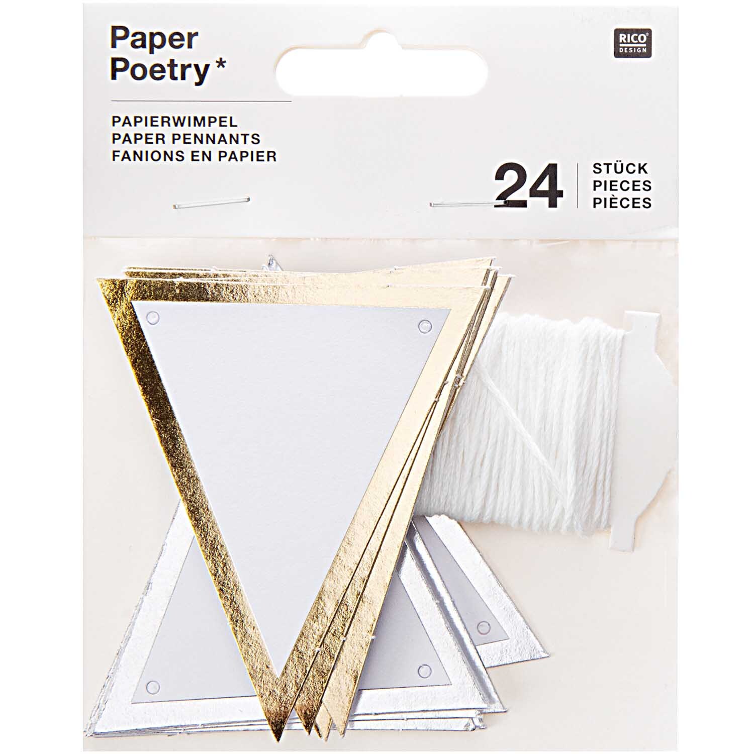 Paper Poetry Papierwimpel mit Hot Foil, dreieckige Wimpel in Gold und Silber, 24 Stück von Rico Design.
