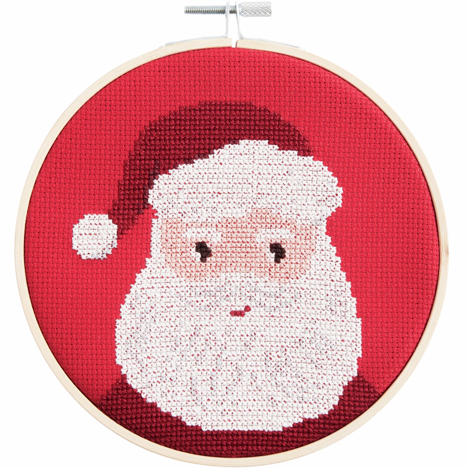 Stickpackung Portrait Santa: Rotes Stickbild mit Santa-Motiv, Ø15cm, von Rico Design.