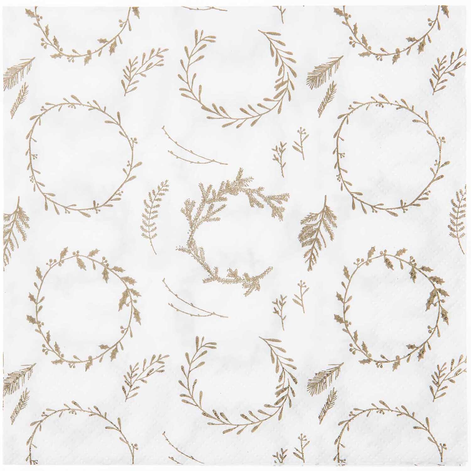 Servietten Kränze weiß 33x33cm 20 Stück von Rico Design mit eleganten Kranz- und Blattmustern auf weißem Hintergrund.