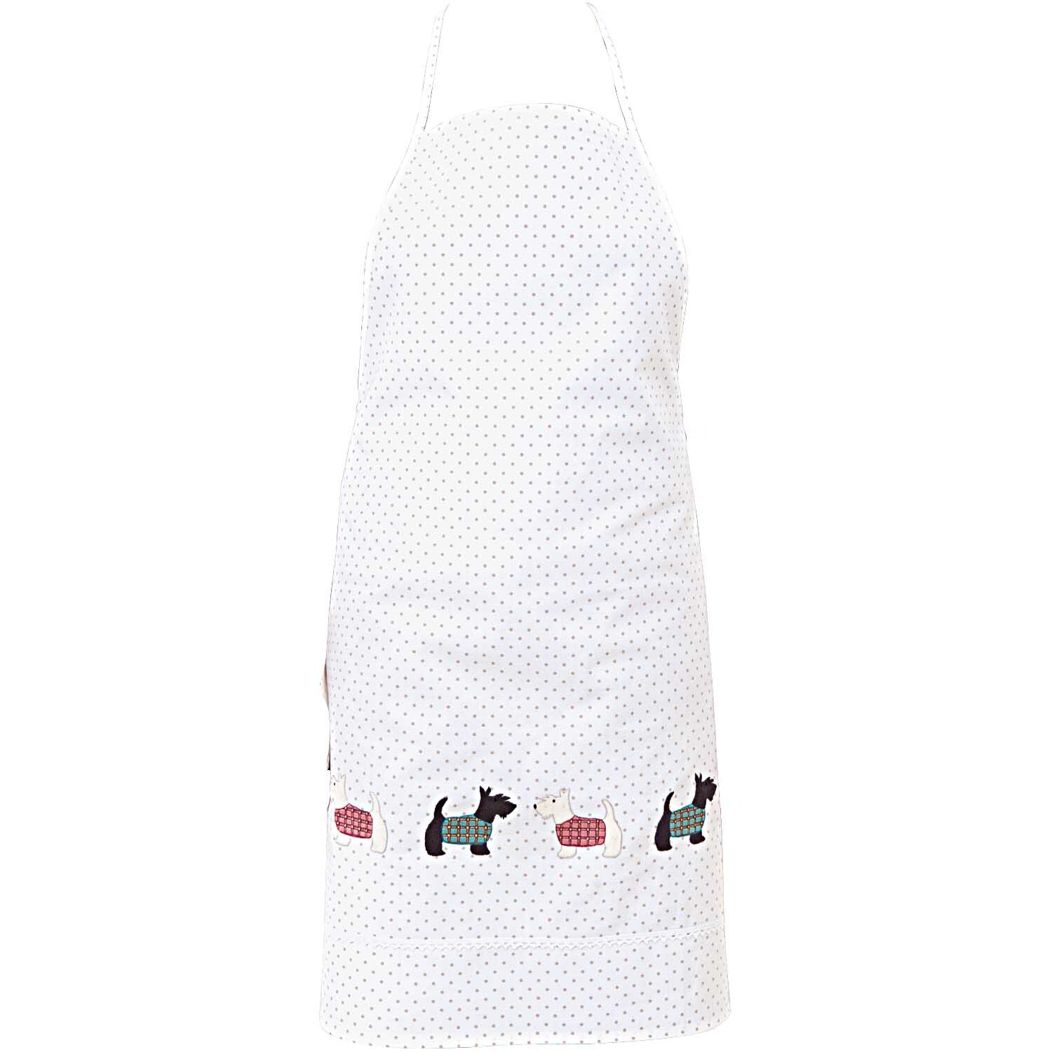 Stickpackung Schürze Scotch Terrier mit niedlichen Terrier-Motiven auf weißem Hintergrund. Ideal für kreative Projekte.