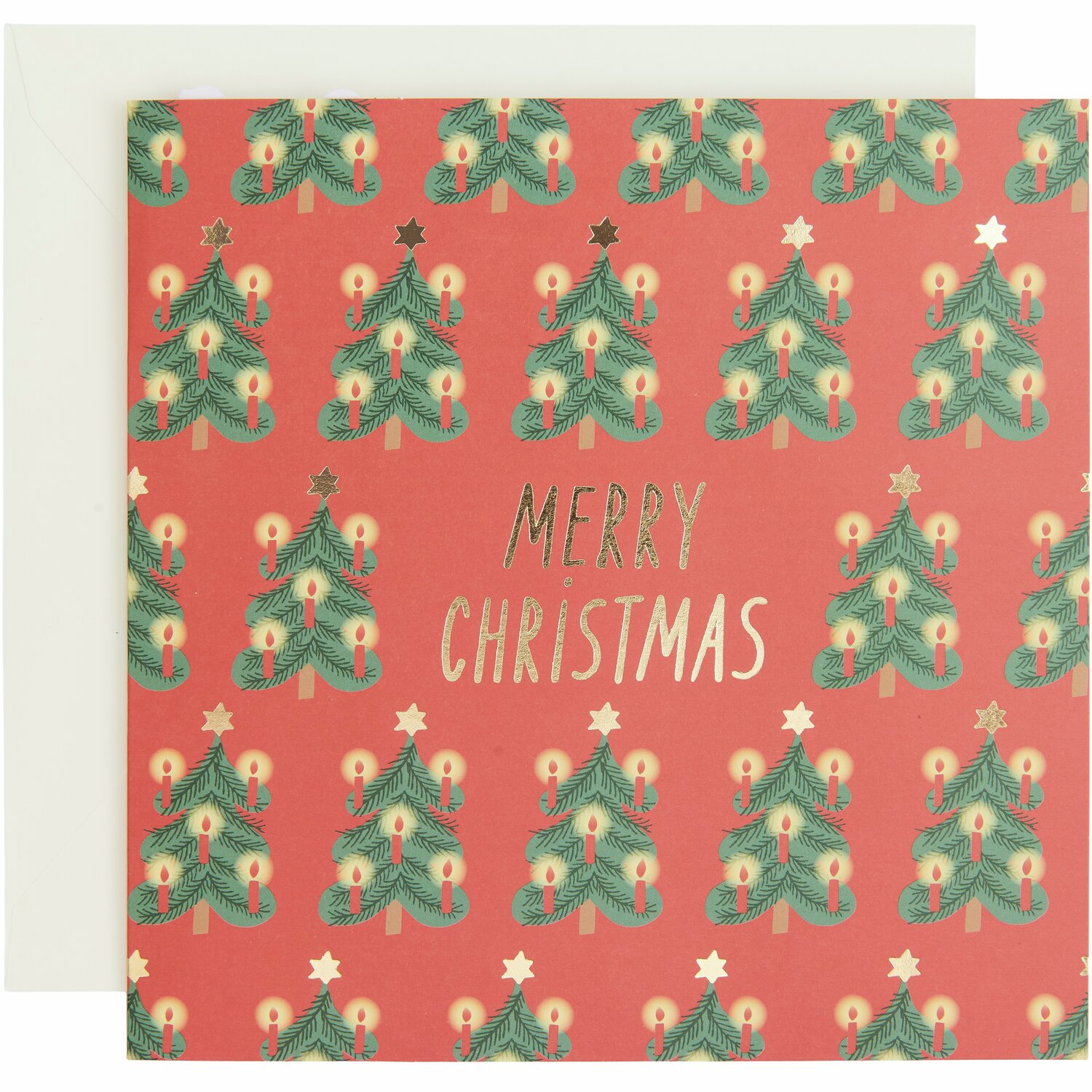 Pop-Up Karte Merry Christmas: Festliche Karte mit Weihnachtsbaum-Muster auf rotem Hintergrund, 15x15cm.