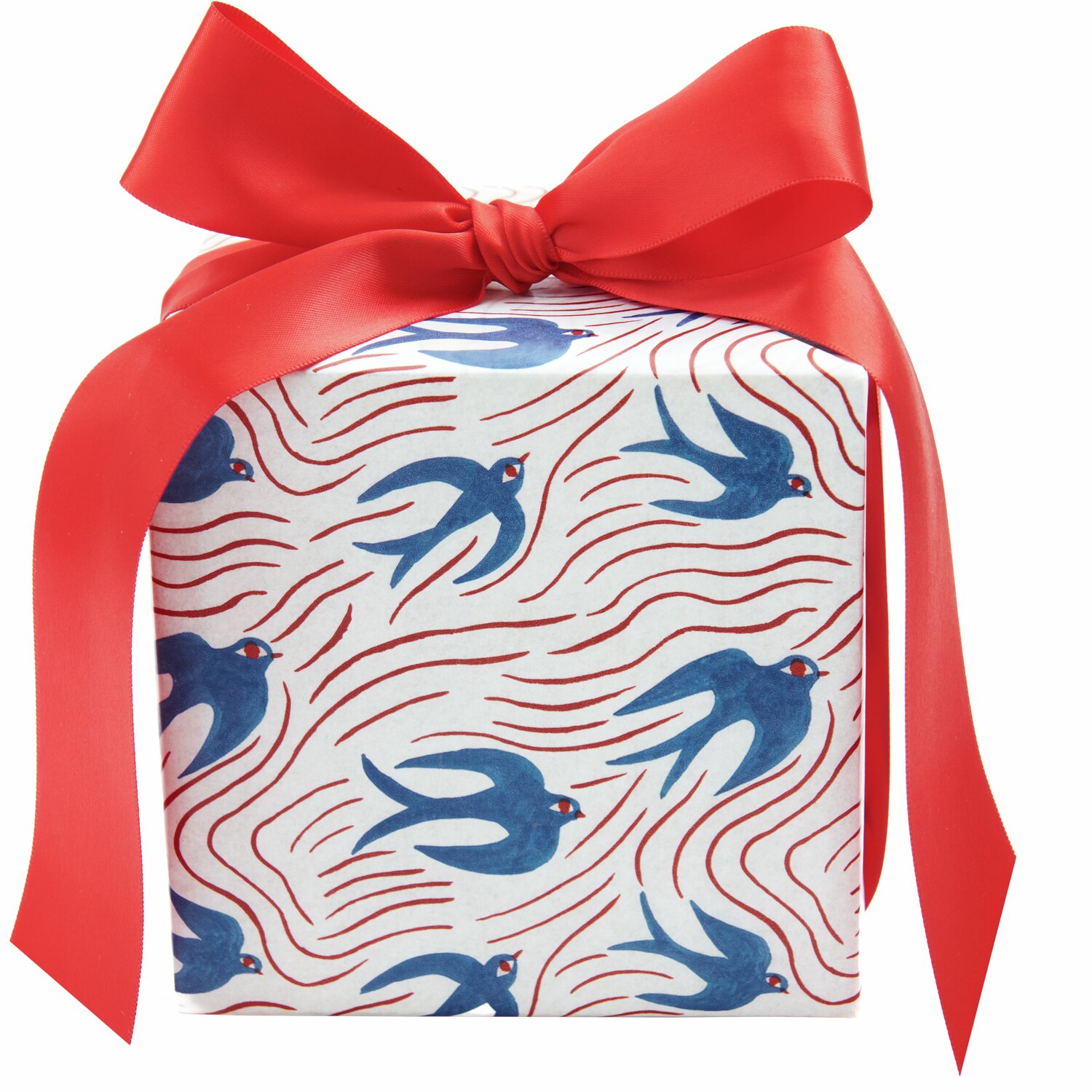 Seidenpapier Vögel mit blauen Vogelmotiven und roten Linien, verpackt mit roter Schleife.