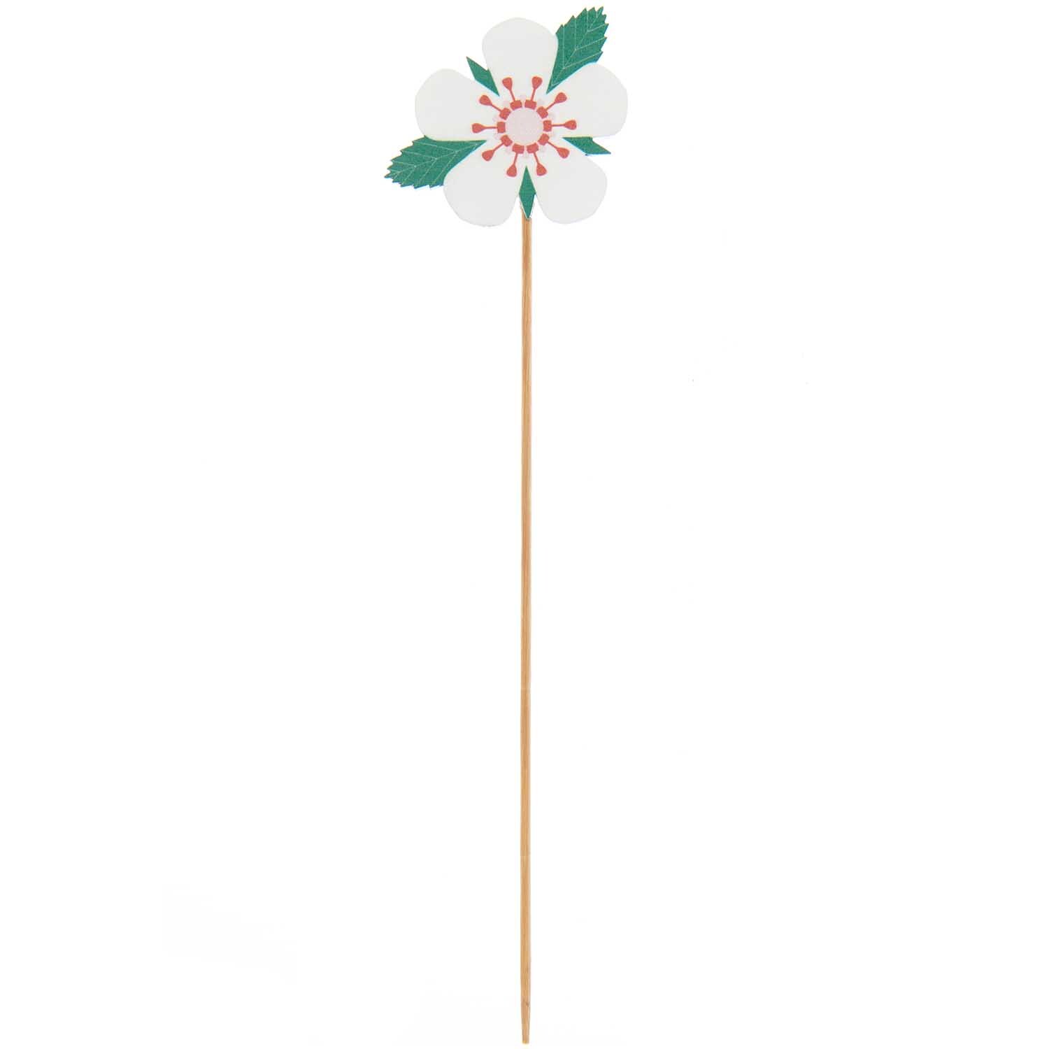 Holz-Stecker Erdbeerblüte 25cm von Rico Design: Weißer Blütenstecker mit grünen Blättern auf langem Holzstab. Ideal für Dekorationen.