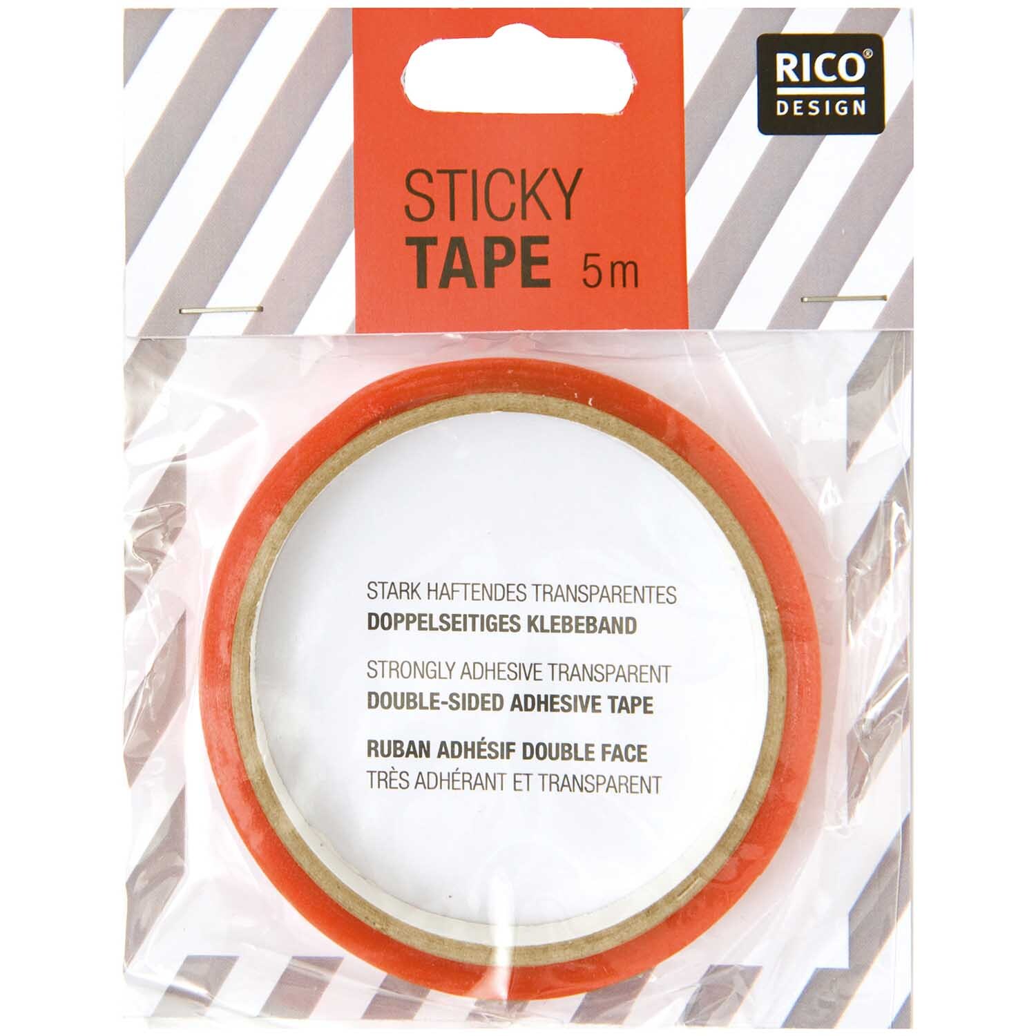 Sticky Tape 5m: Doppelseitiges Klebeband von Rico Design in transparenter Verpackung, ideal für Bastelprojekte.